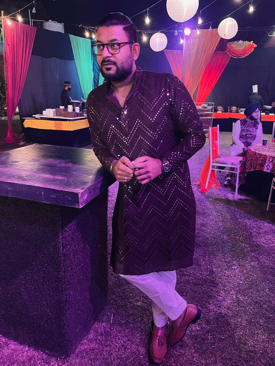 Menswear Wine Faux Mirror Kurta Set