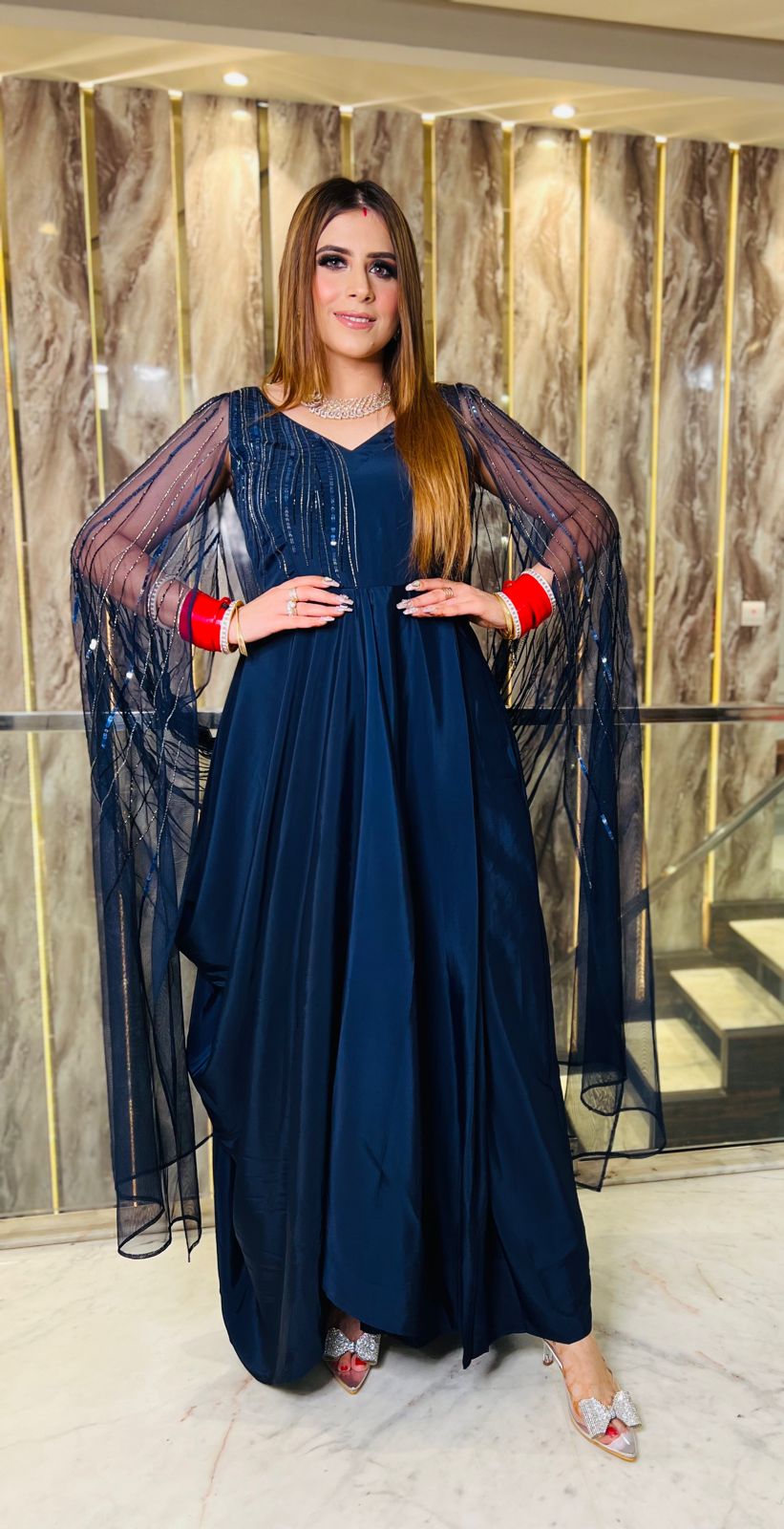 Navy Blue Cape Sleeves Drape
