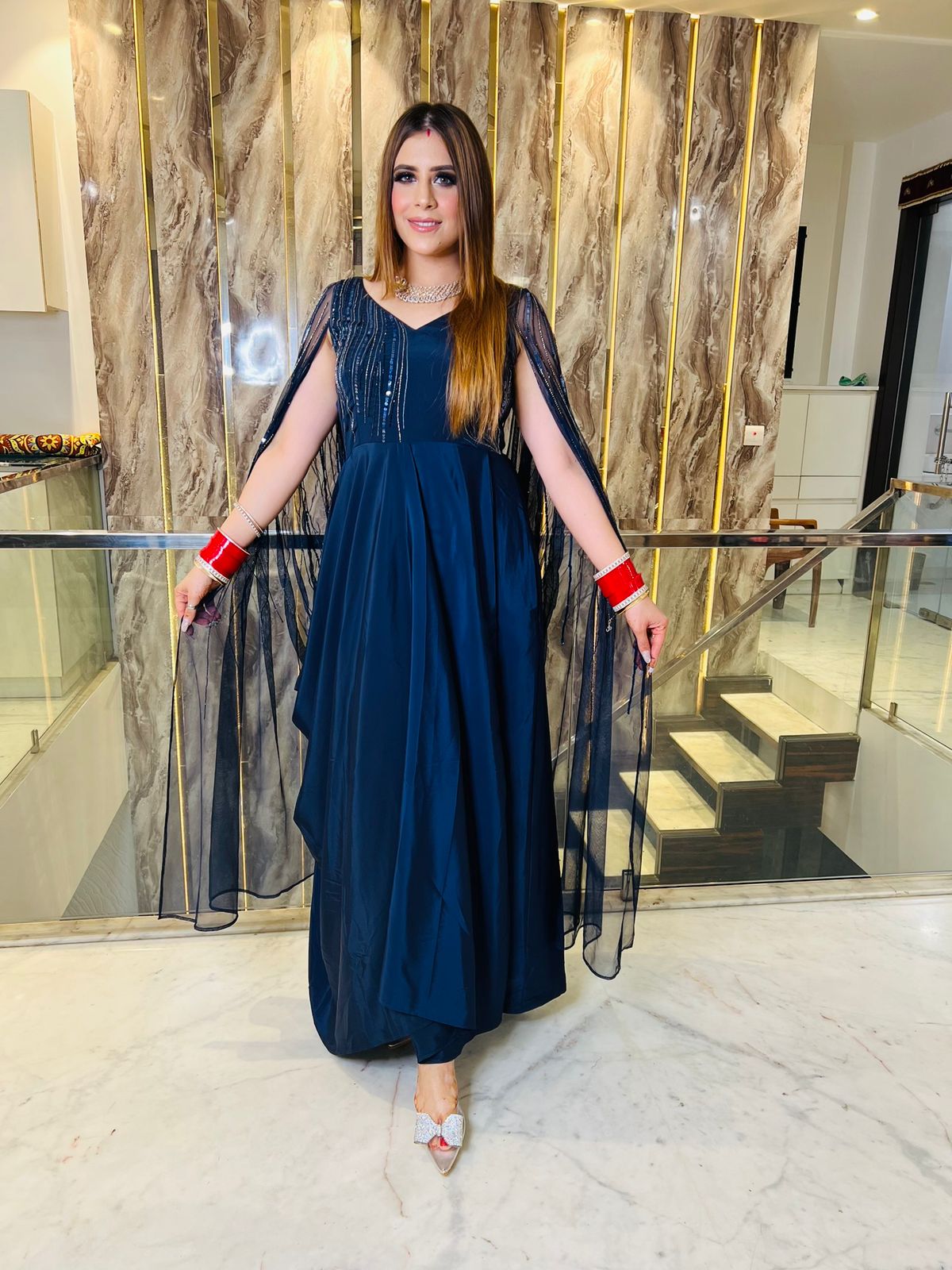 Navy Blue Cape Sleeves Drape