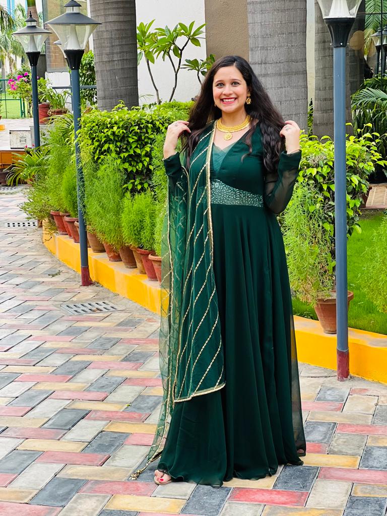 Bottle Green Embroidered Anarkali
