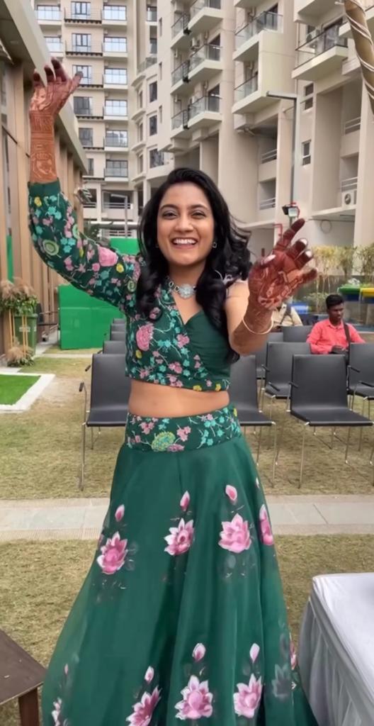 Bottle Green Handpainted Lehenga