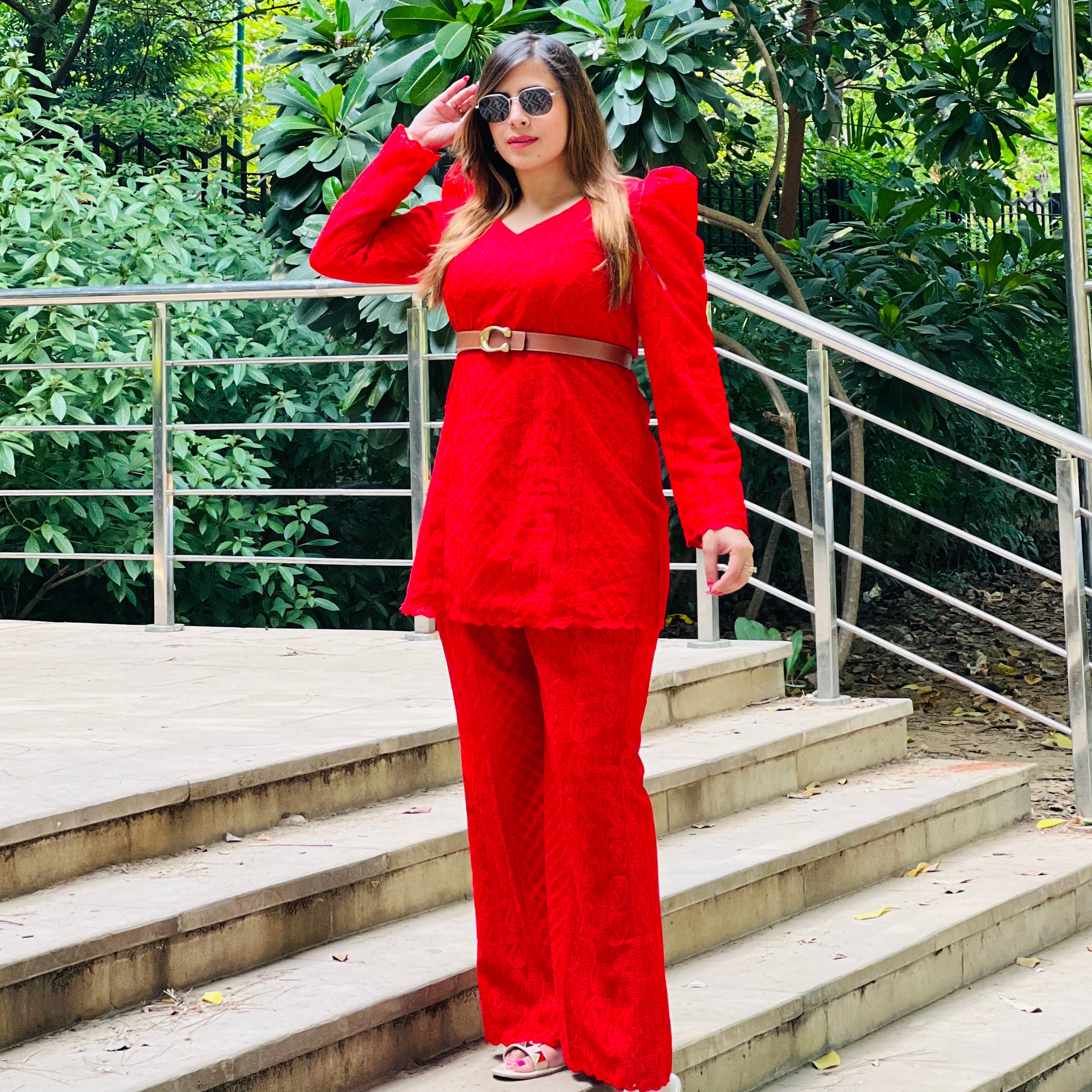 Red Chikankari Co-Ord Set
