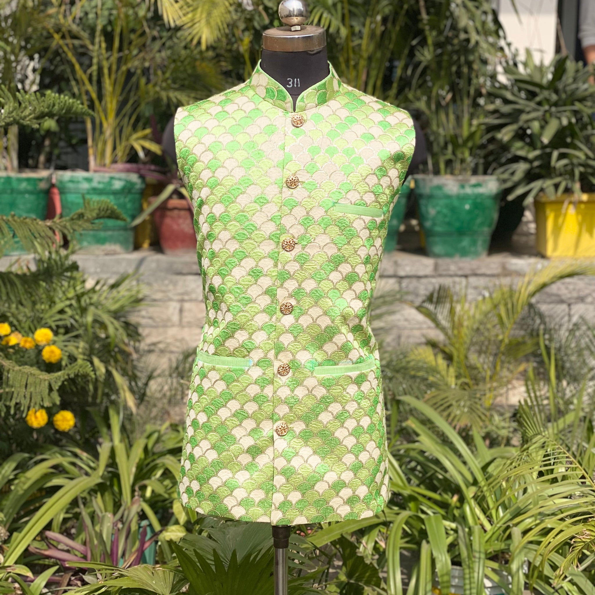 Menswear Green Raw Silk Waist Coat