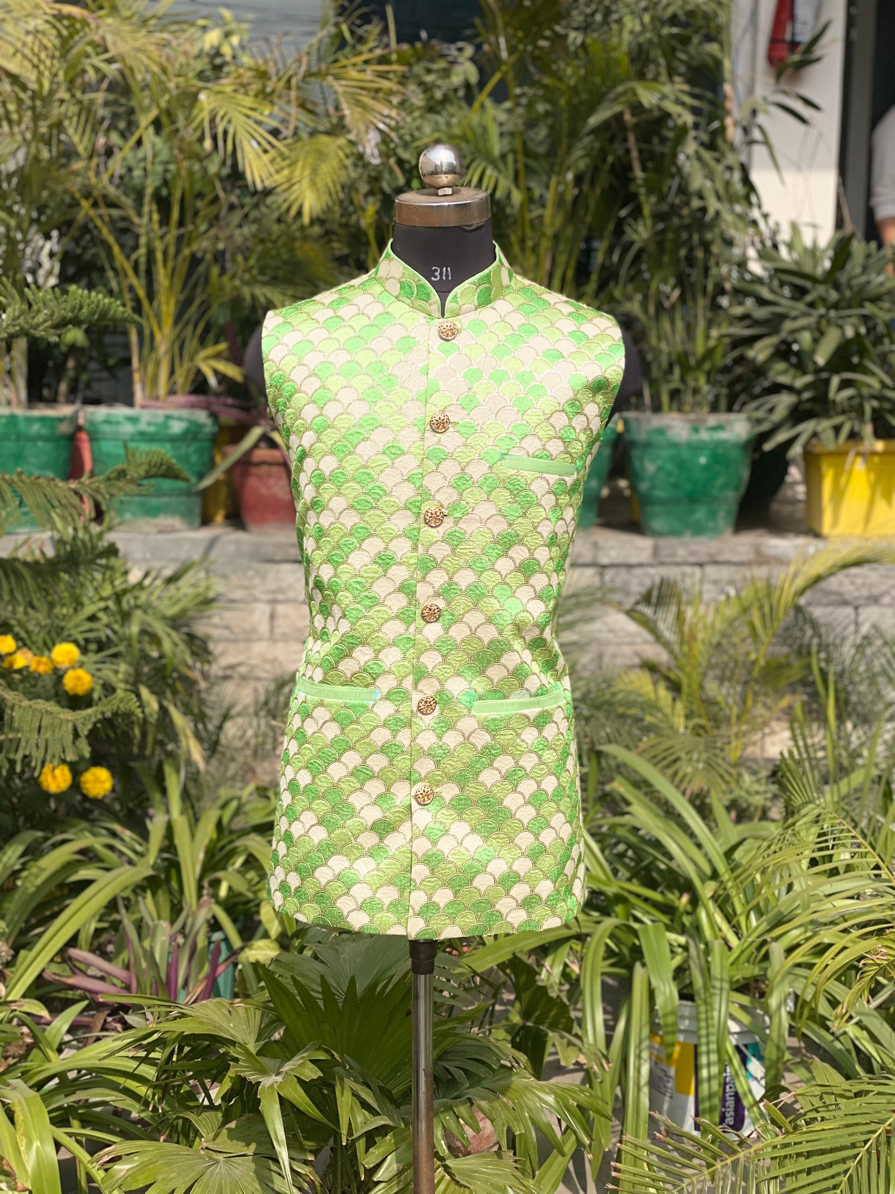 Menswear Green Raw Silk Waist Coat