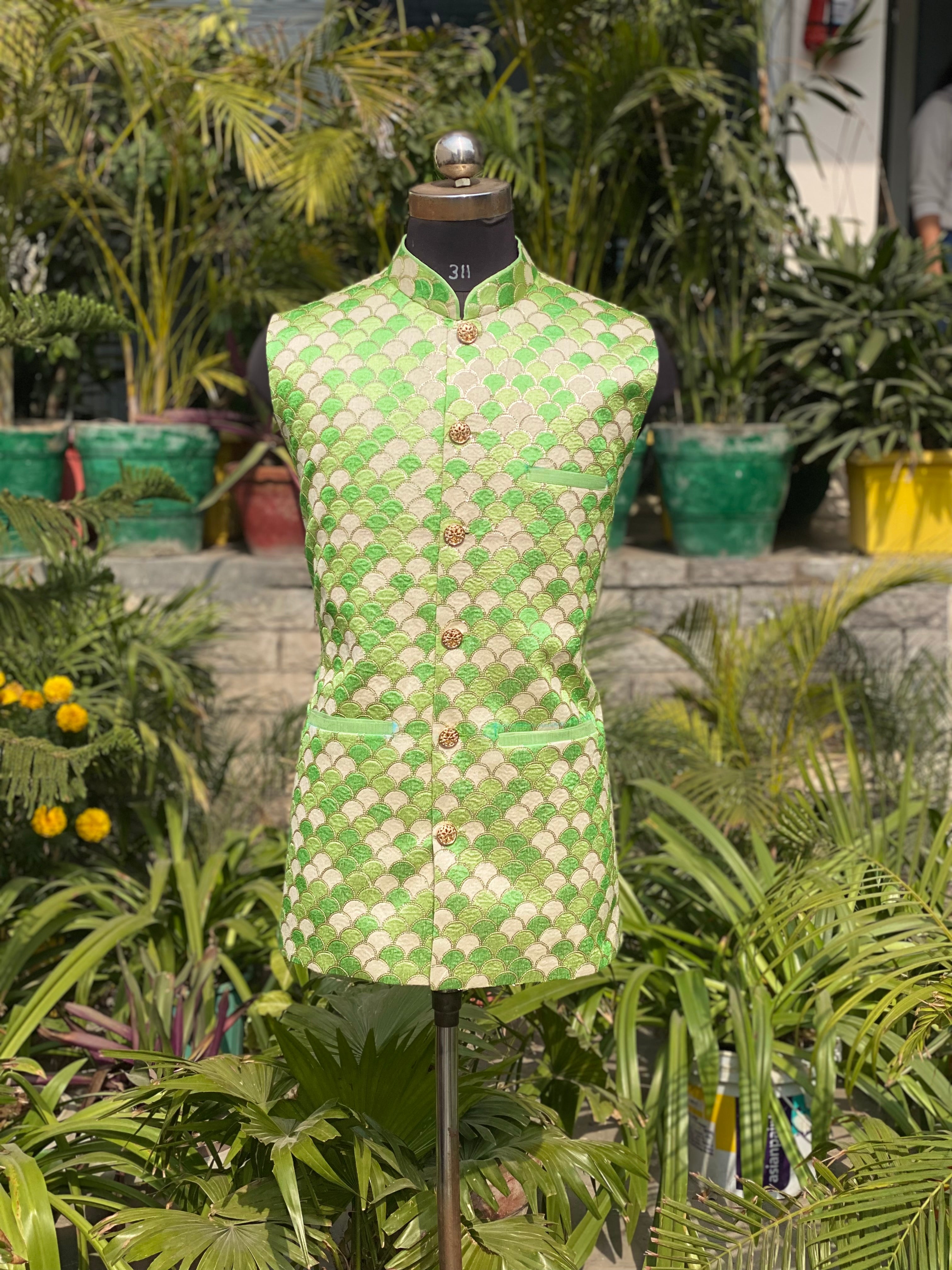 Menswear Green Raw Silk Waist Coat