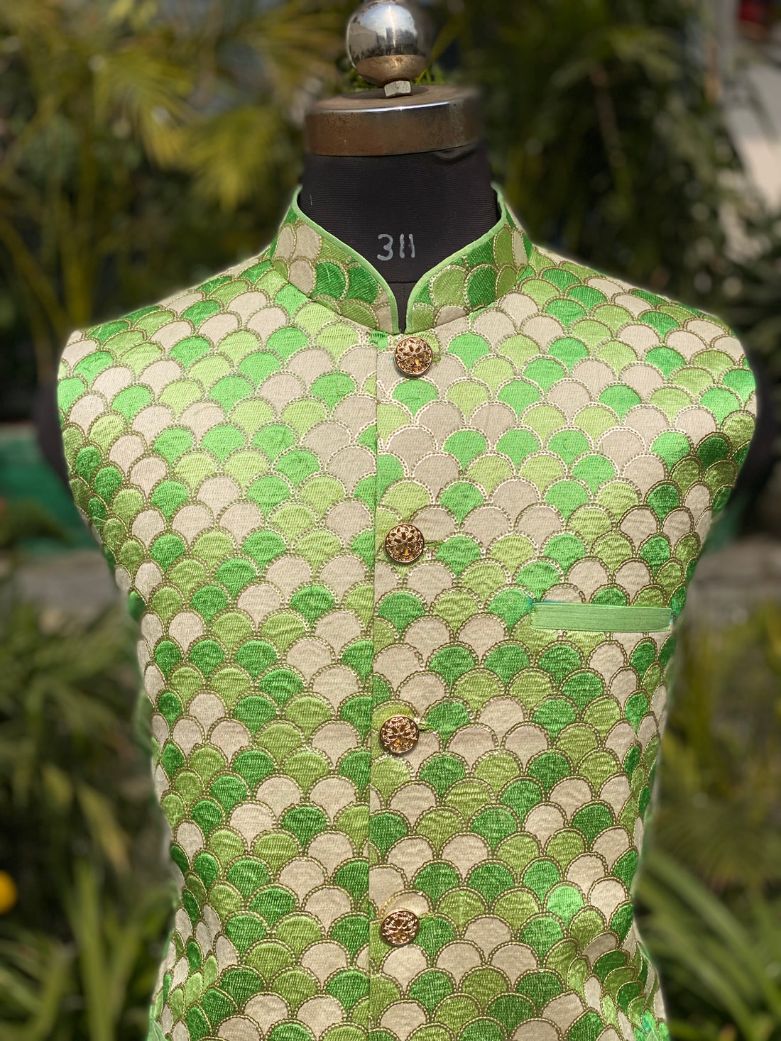 Menswear Green Raw Silk Waist Coat