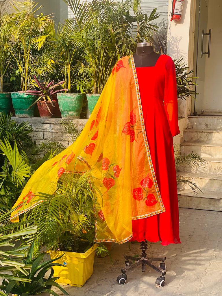 Red Anarkali With Hand Painted Dupatta