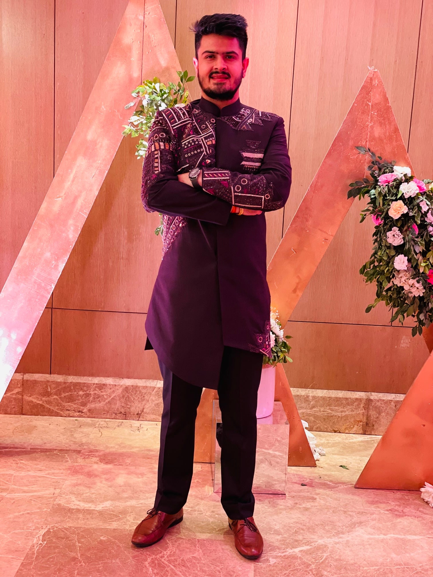 Menswear Wine Embroidered Indo Western