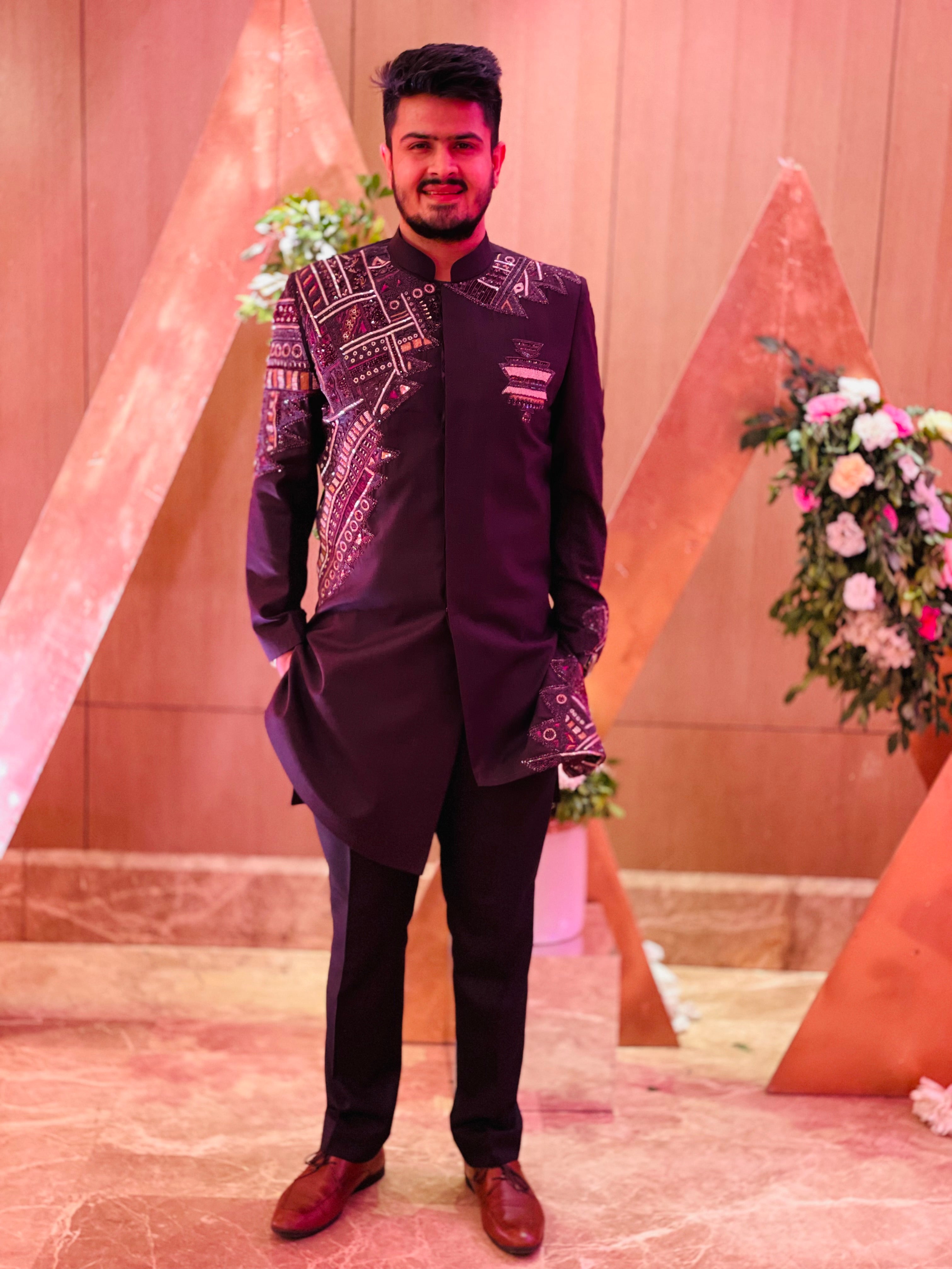 Menswear Wine Embroidered Indo Western