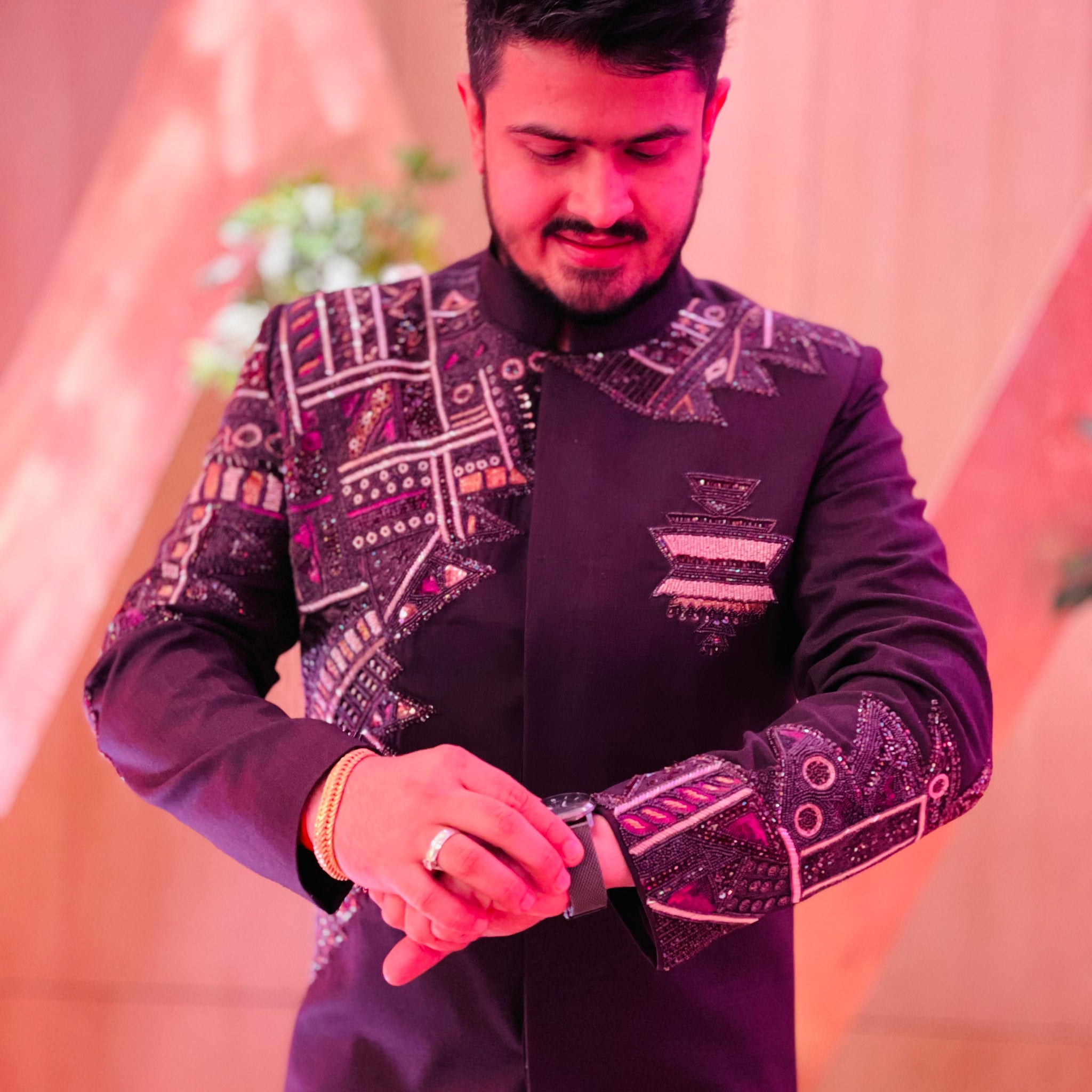 Menswear Wine Embroidered Indo Western