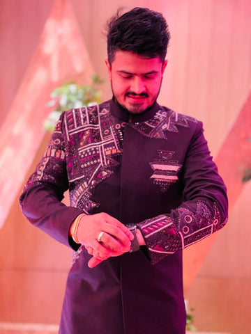 Menswear Wine Embroidered Indo Western