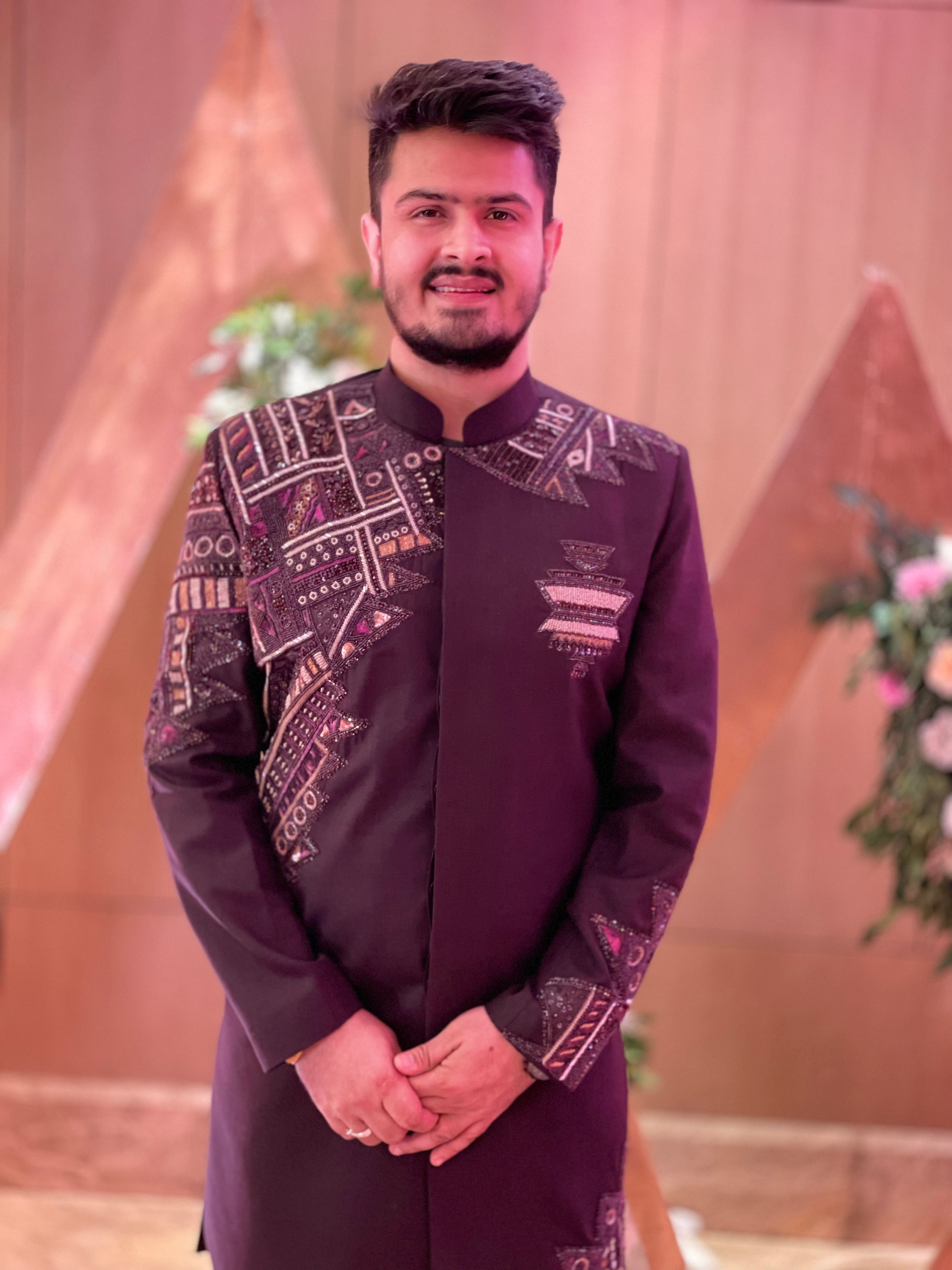 Menswear Wine Embroidered Indo Western