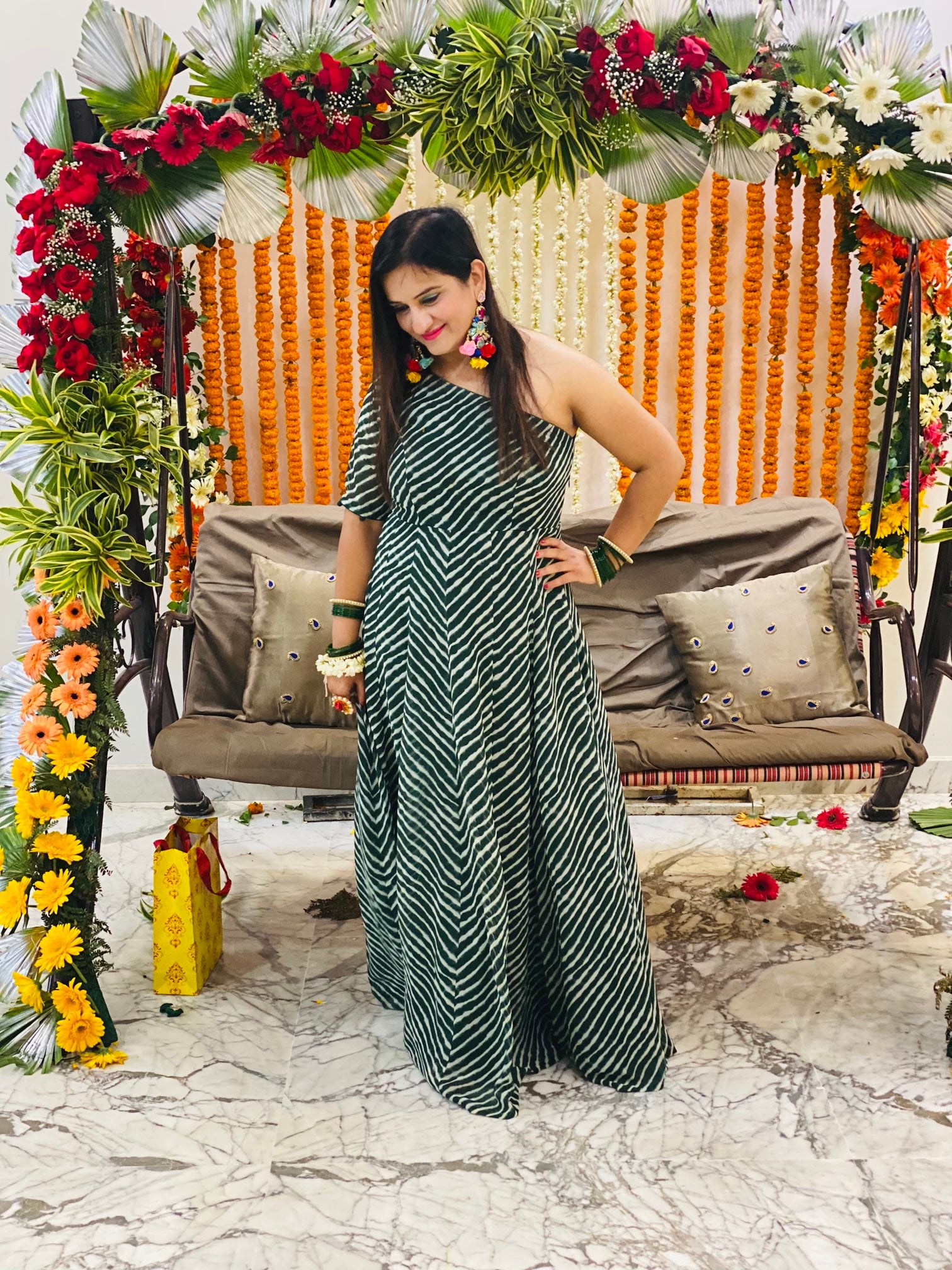 Green Leheriya Off Shoulder Maxi