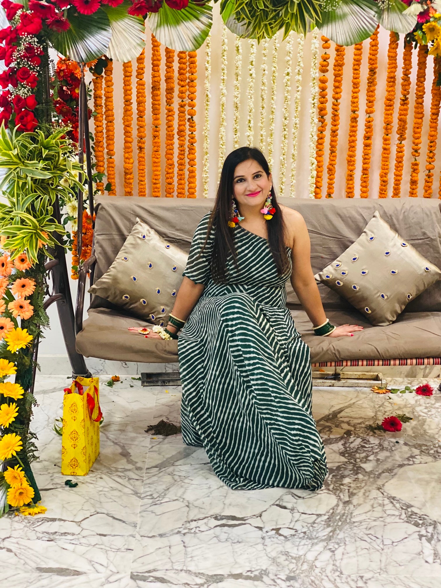 Green Leheriya Off Shoulder Maxi