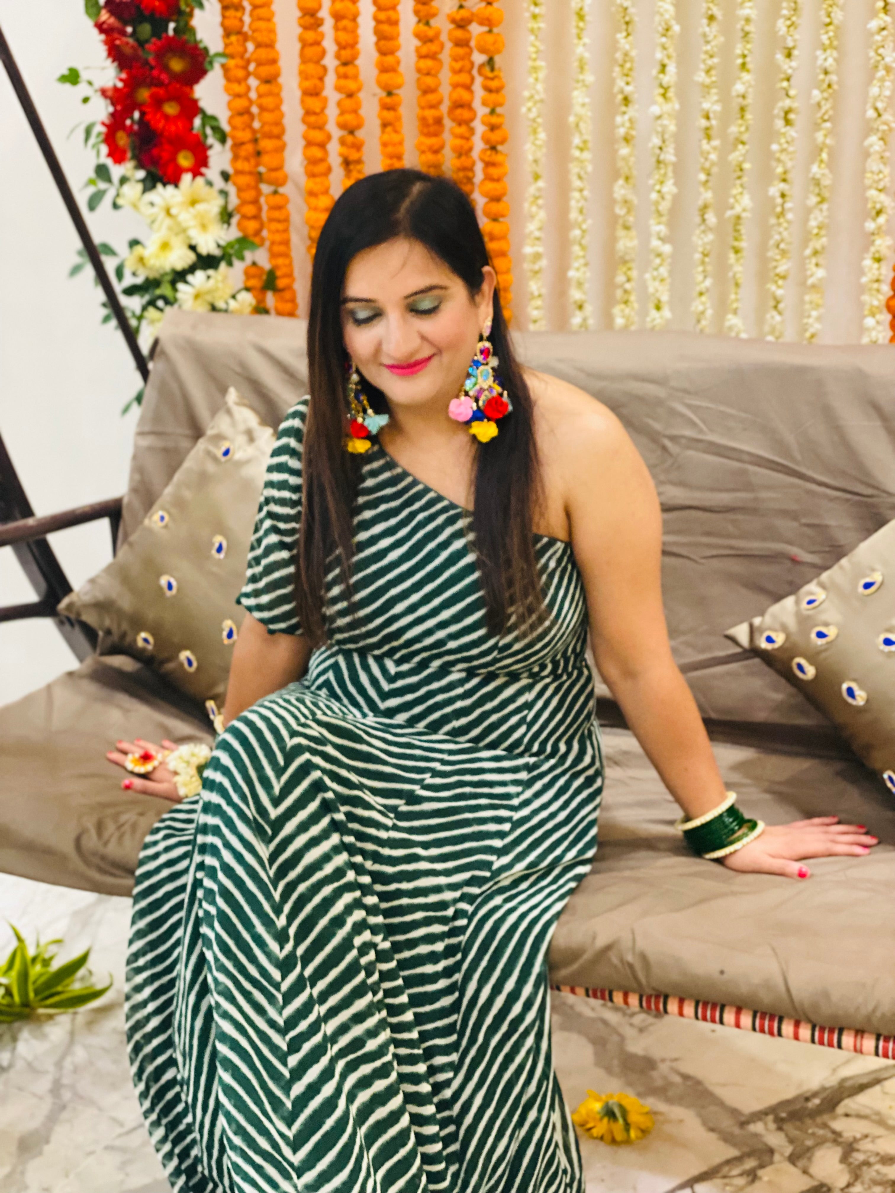 Green Leheriya Off Shoulder Maxi