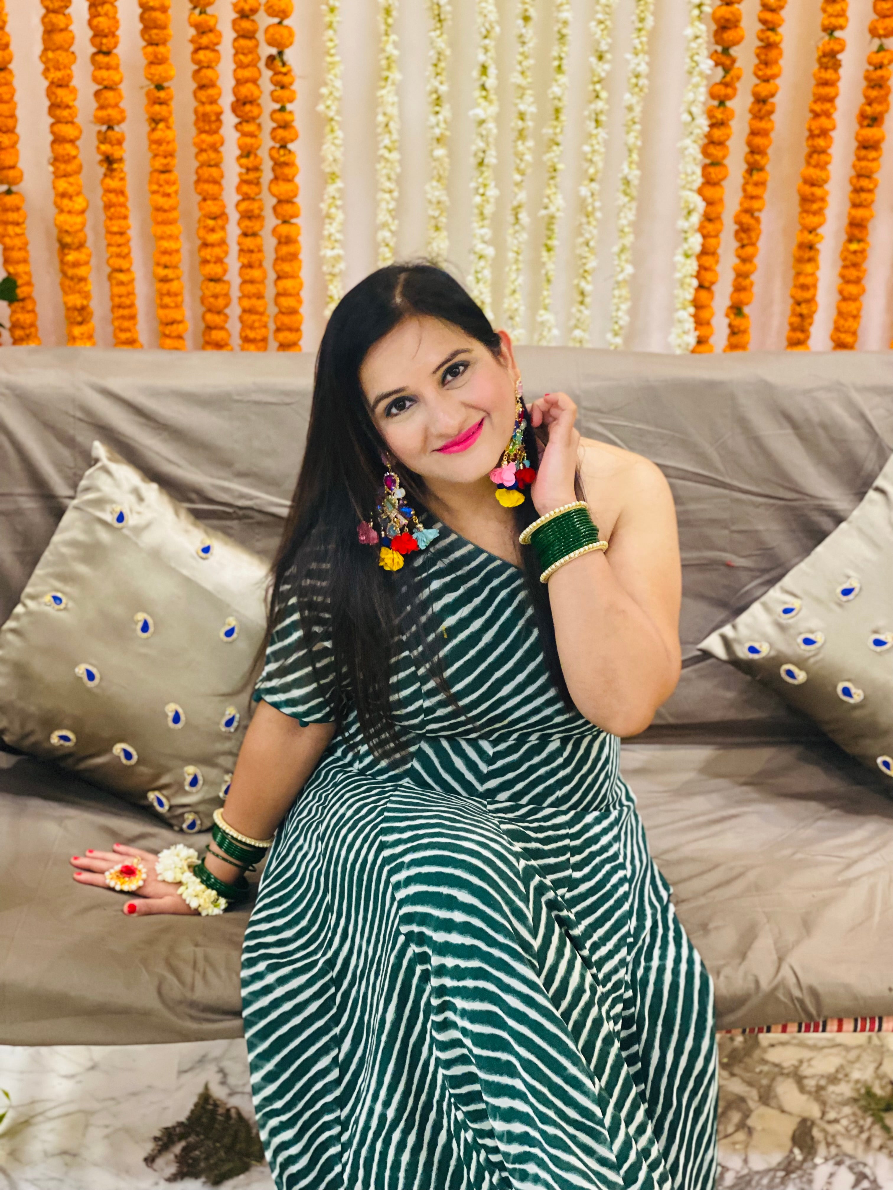 Green Leheriya Off Shoulder Maxi