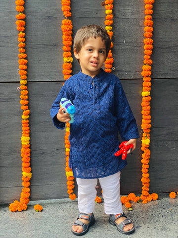 Navy Blue Kid's Chikankari Kurta Set