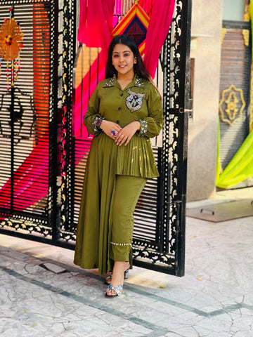Olive Green Embroidered Co-Ord Set