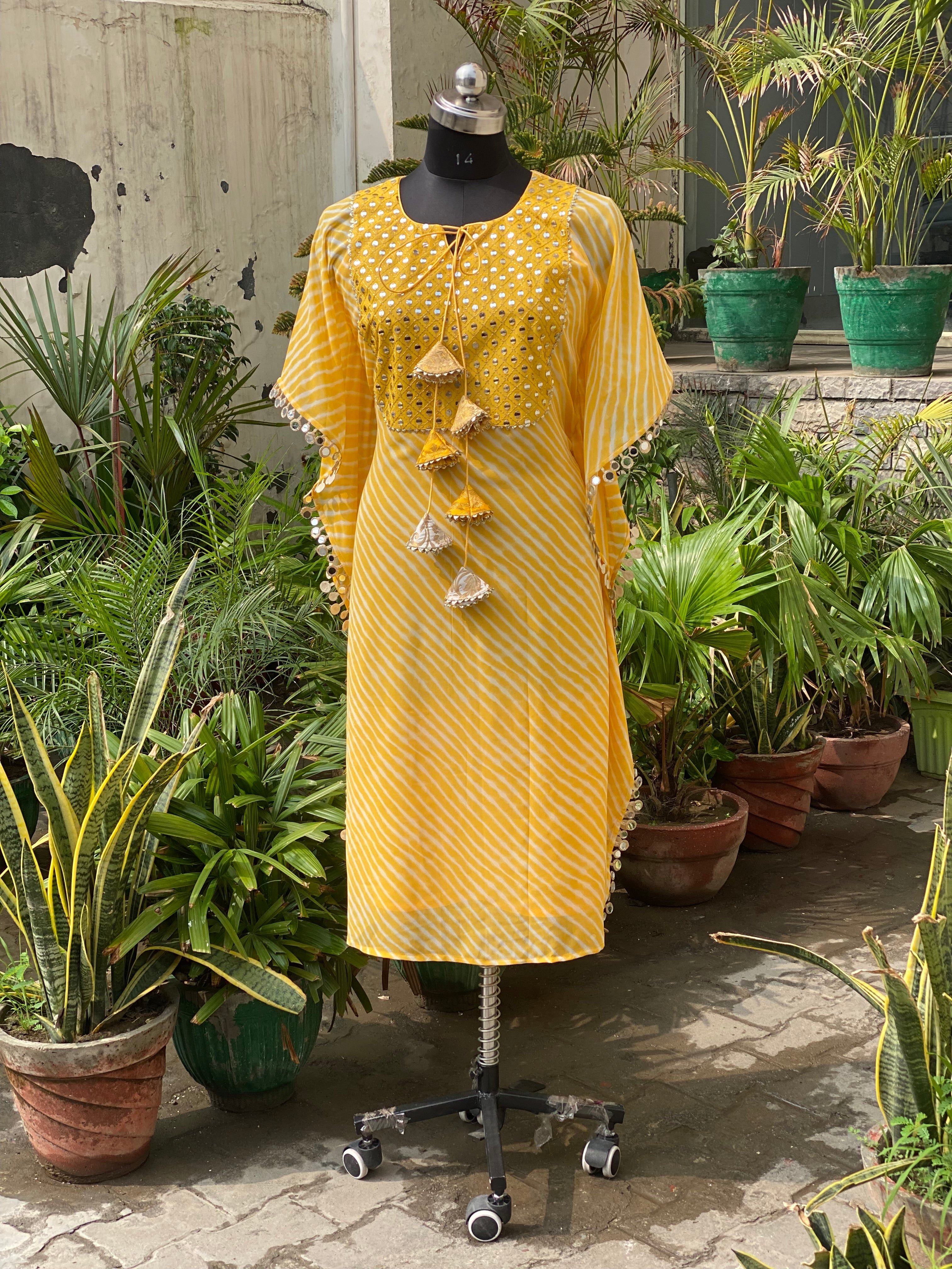 Yellow Leheriya Kaftan Set