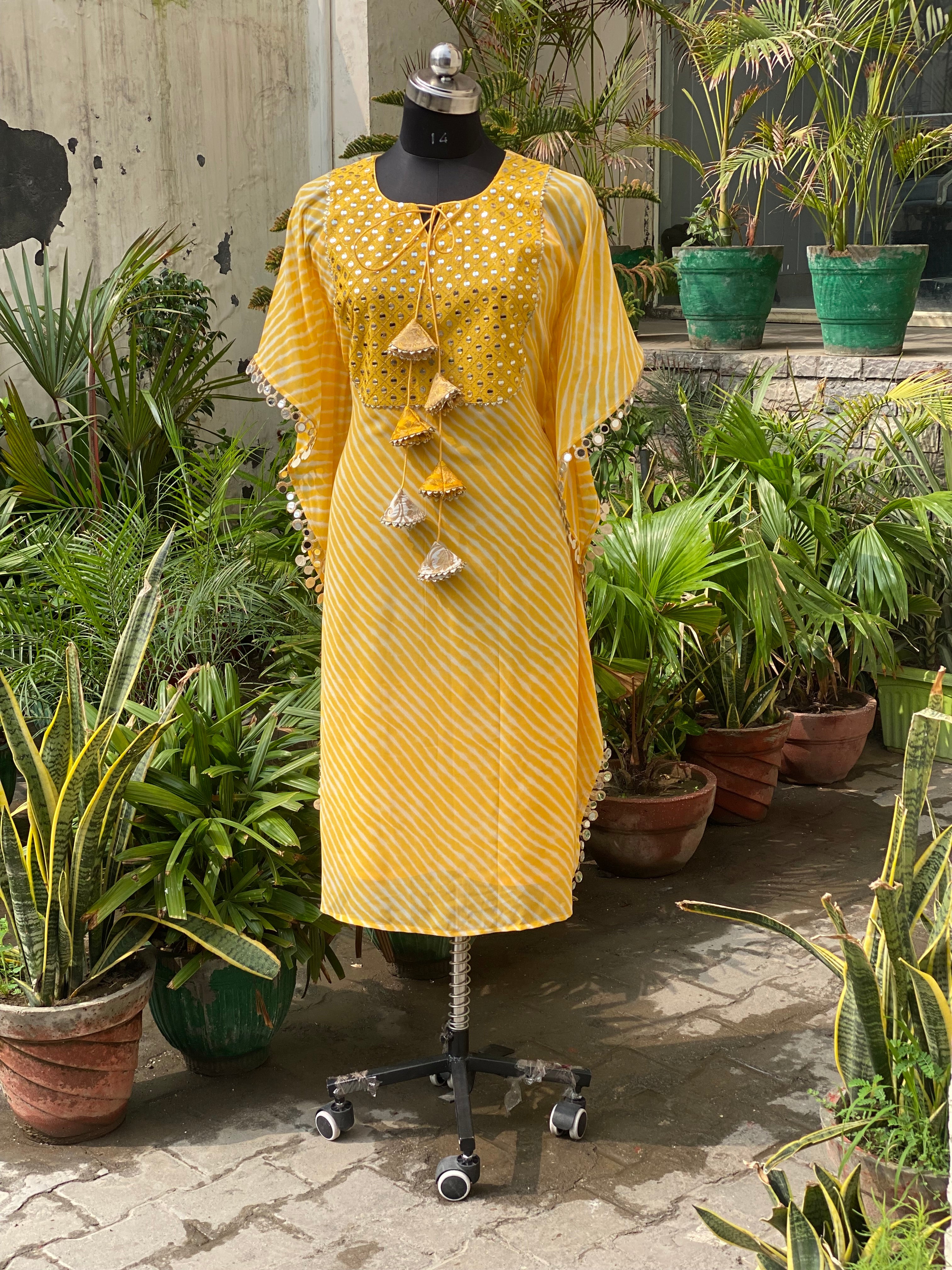 Yellow Leheriya Kaftan Set