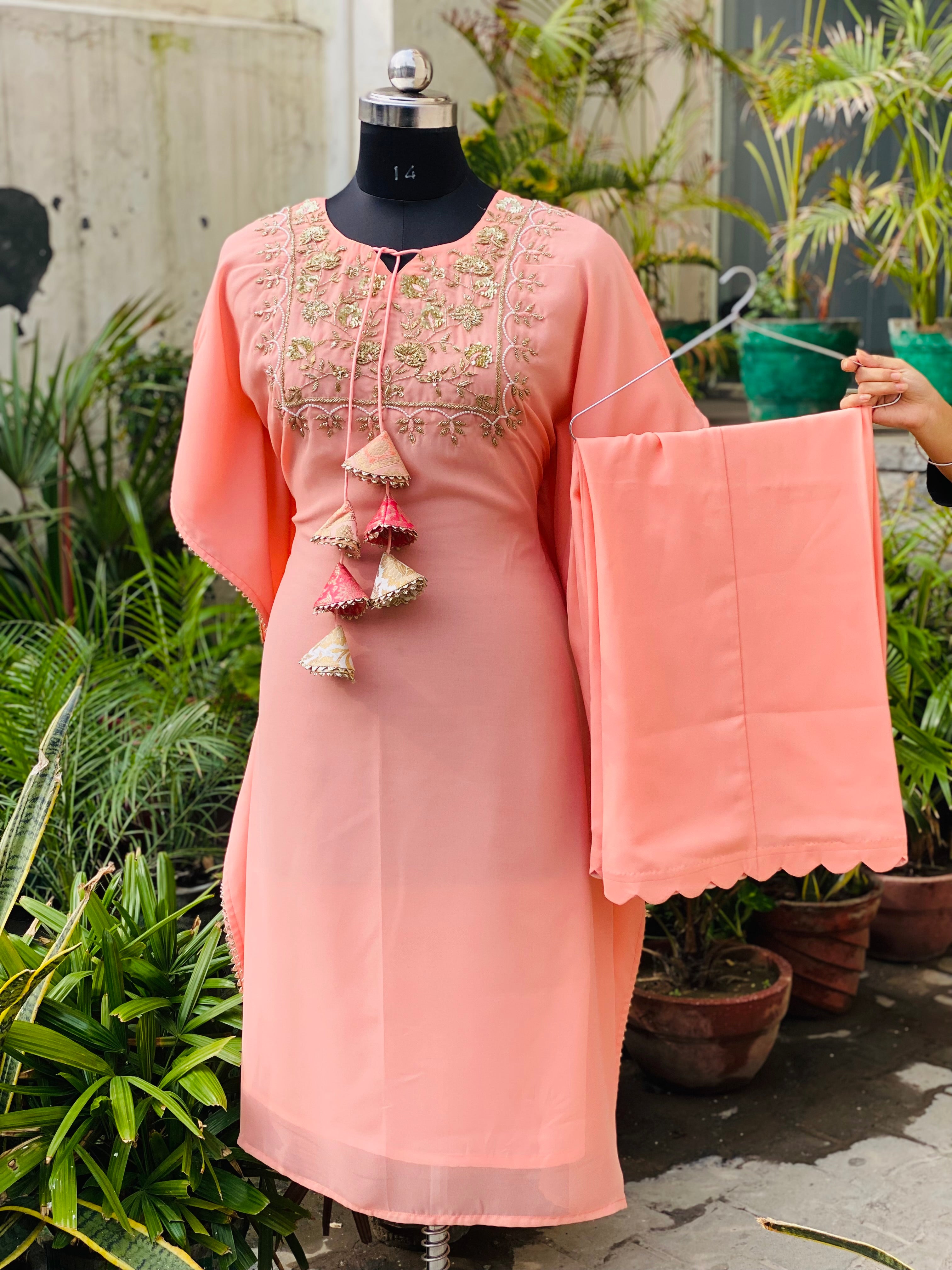 Peach Embroidered Kaftaan Set