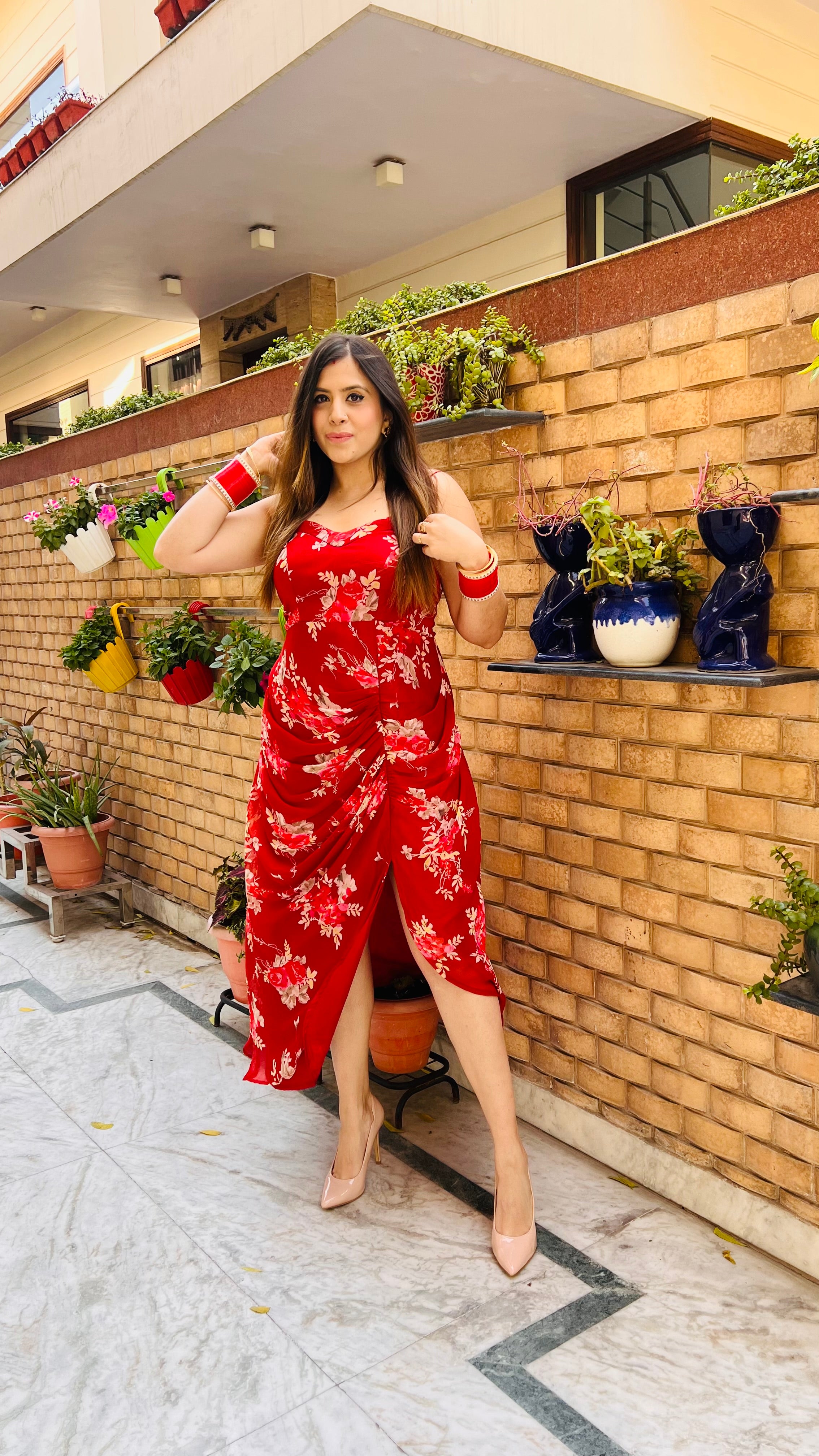 Red Floral Drape Midi