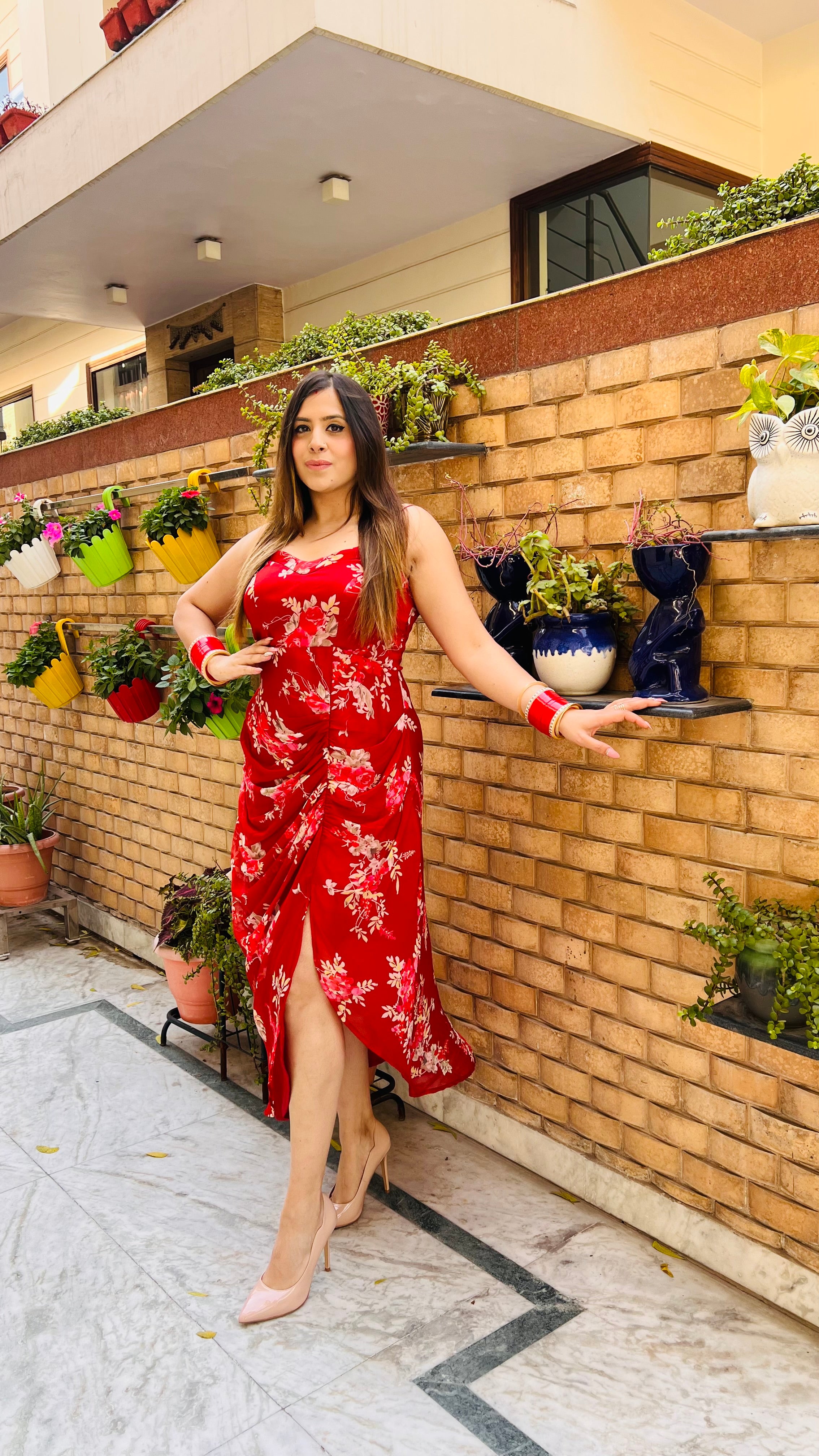 Red Floral Drape Midi