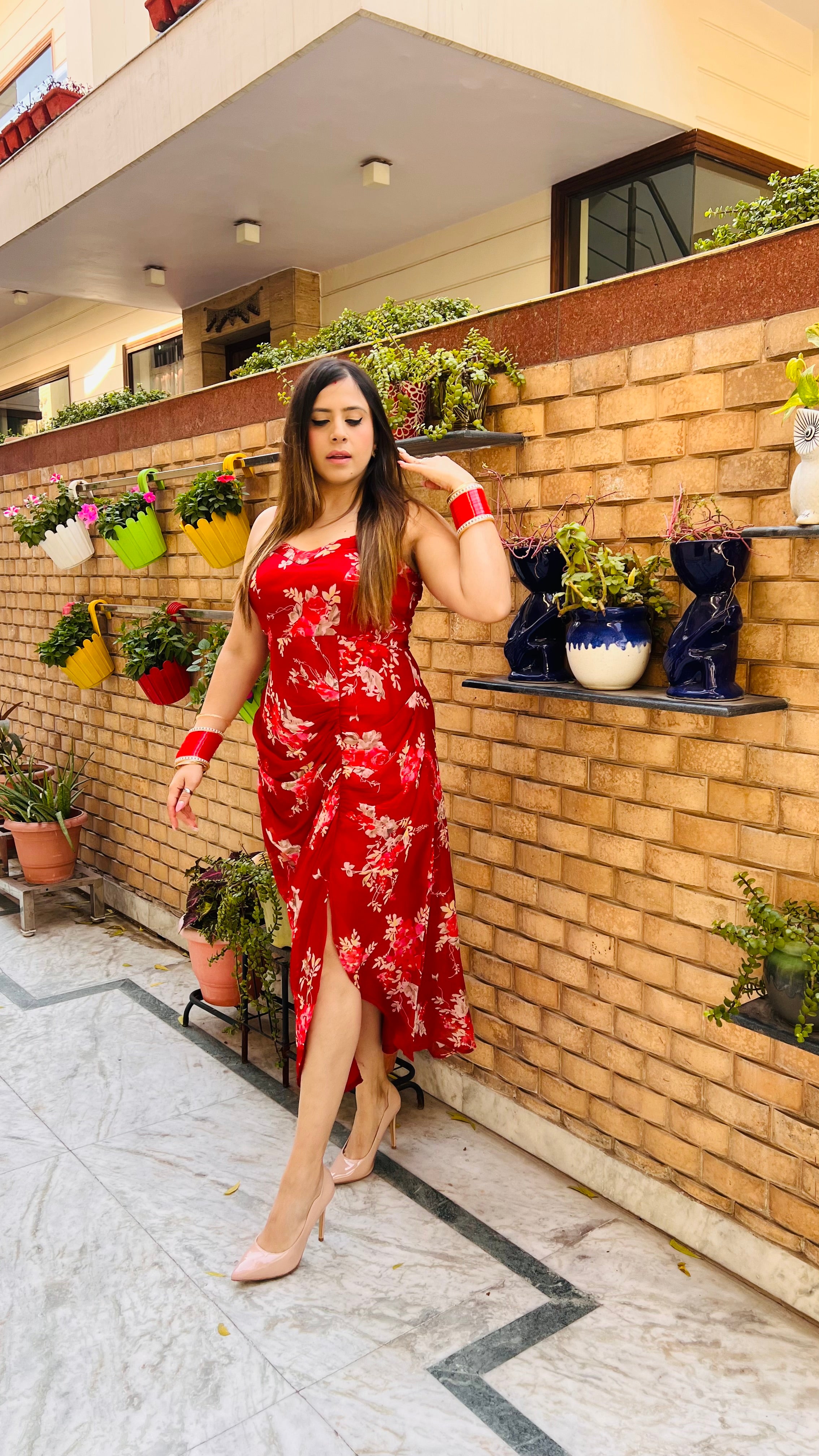 Red Floral Drape Midi