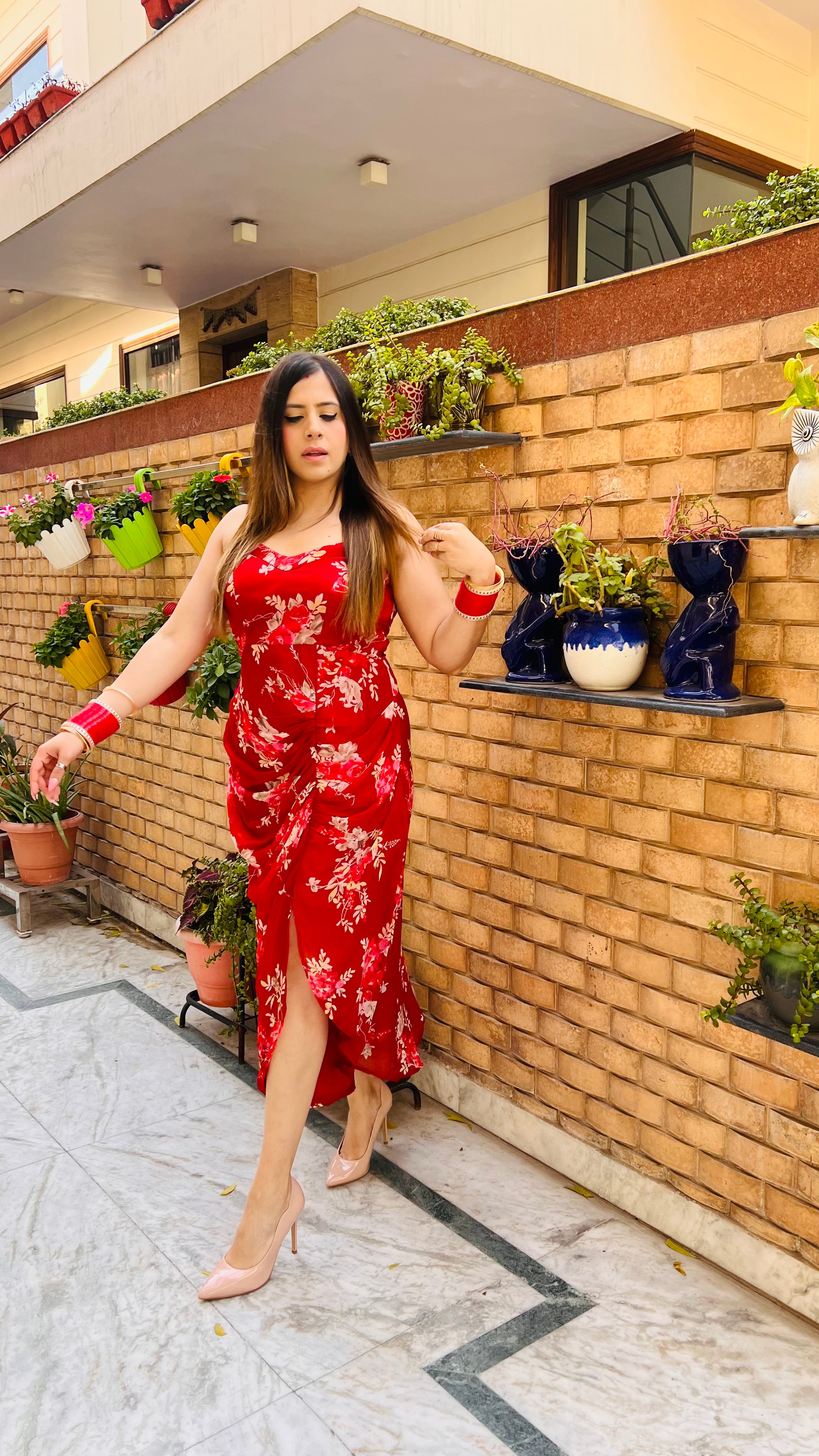 Red Floral Drape Midi