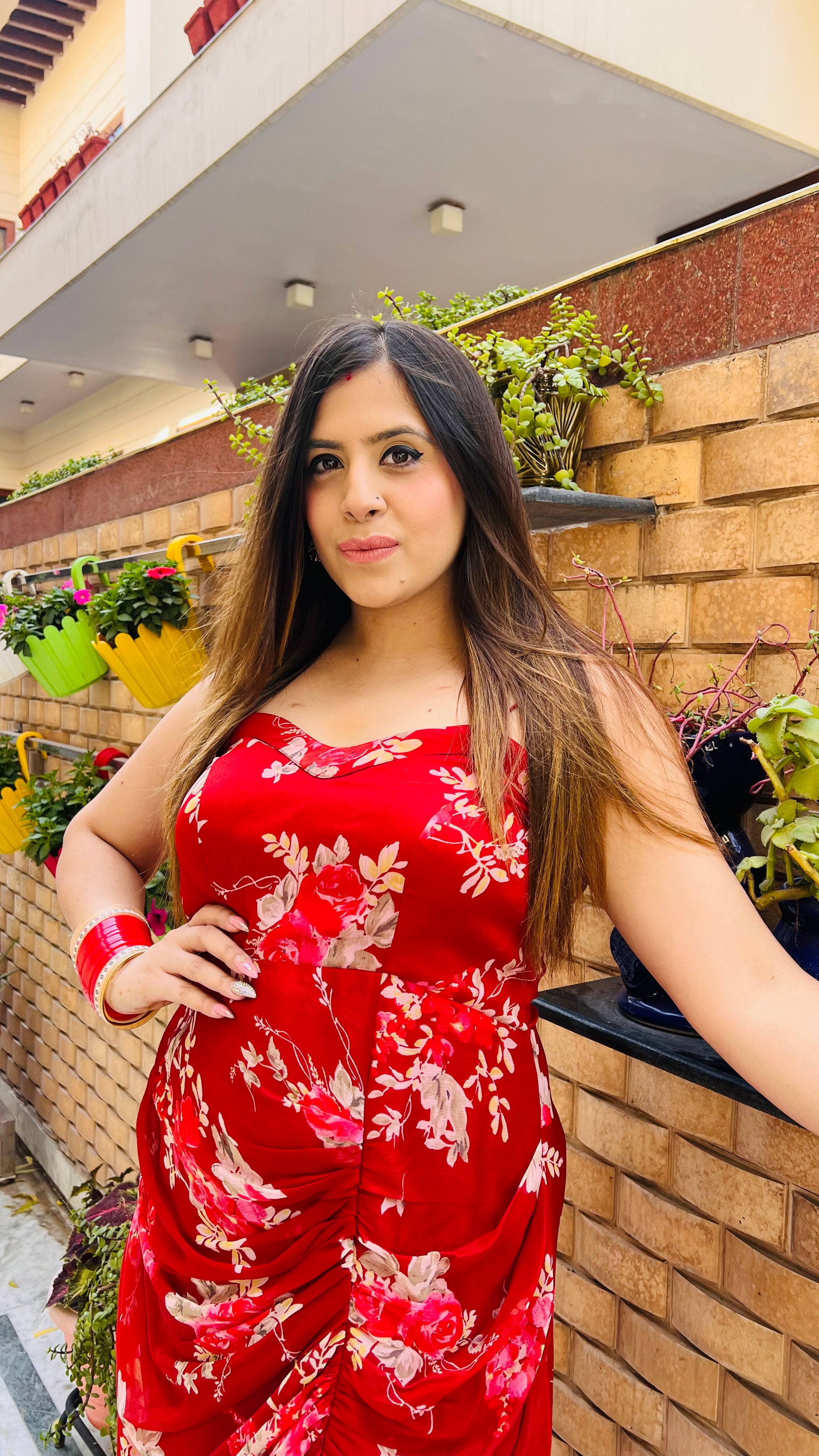 Red Floral Drape Midi