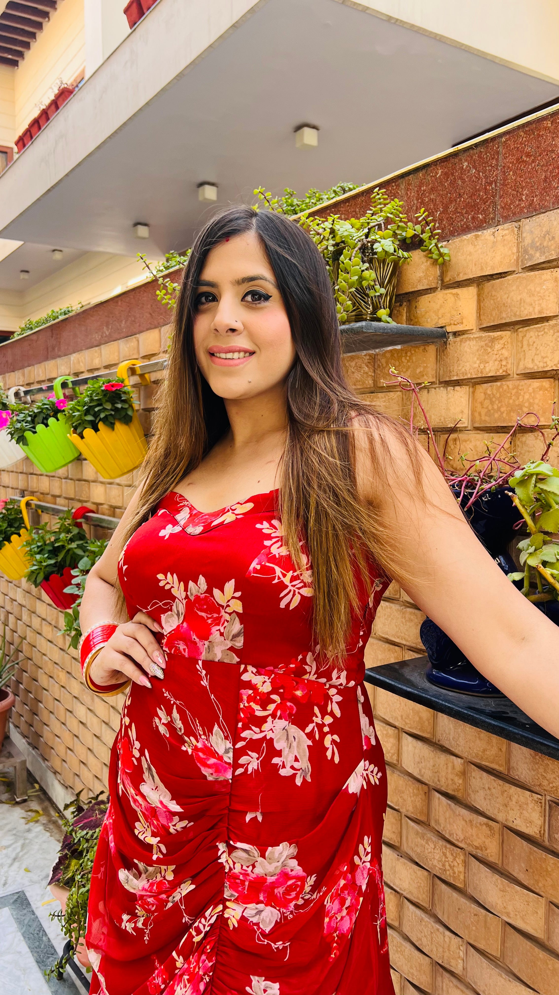 Red Floral Drape Midi