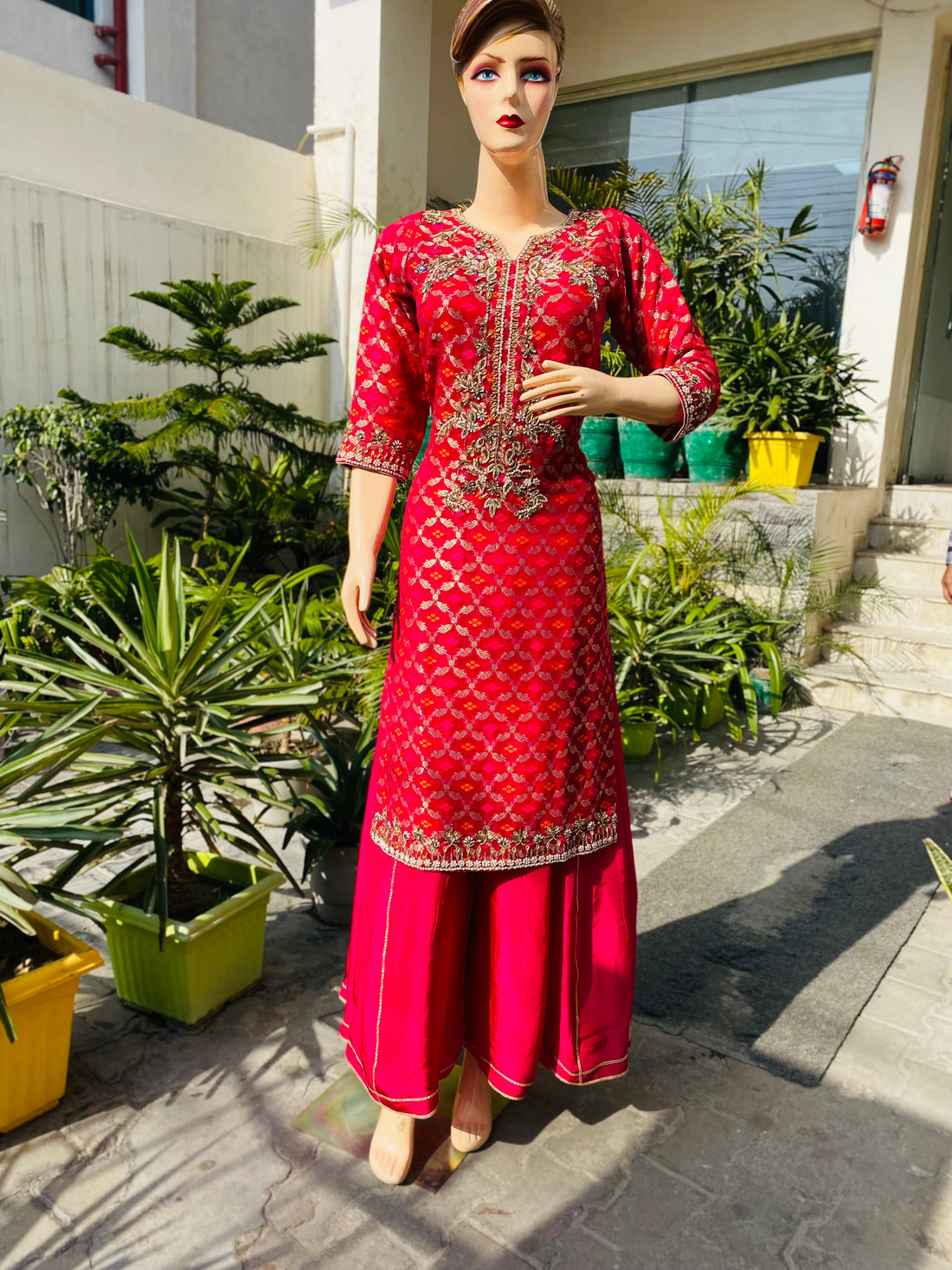 Red Embroidered Silk Suit