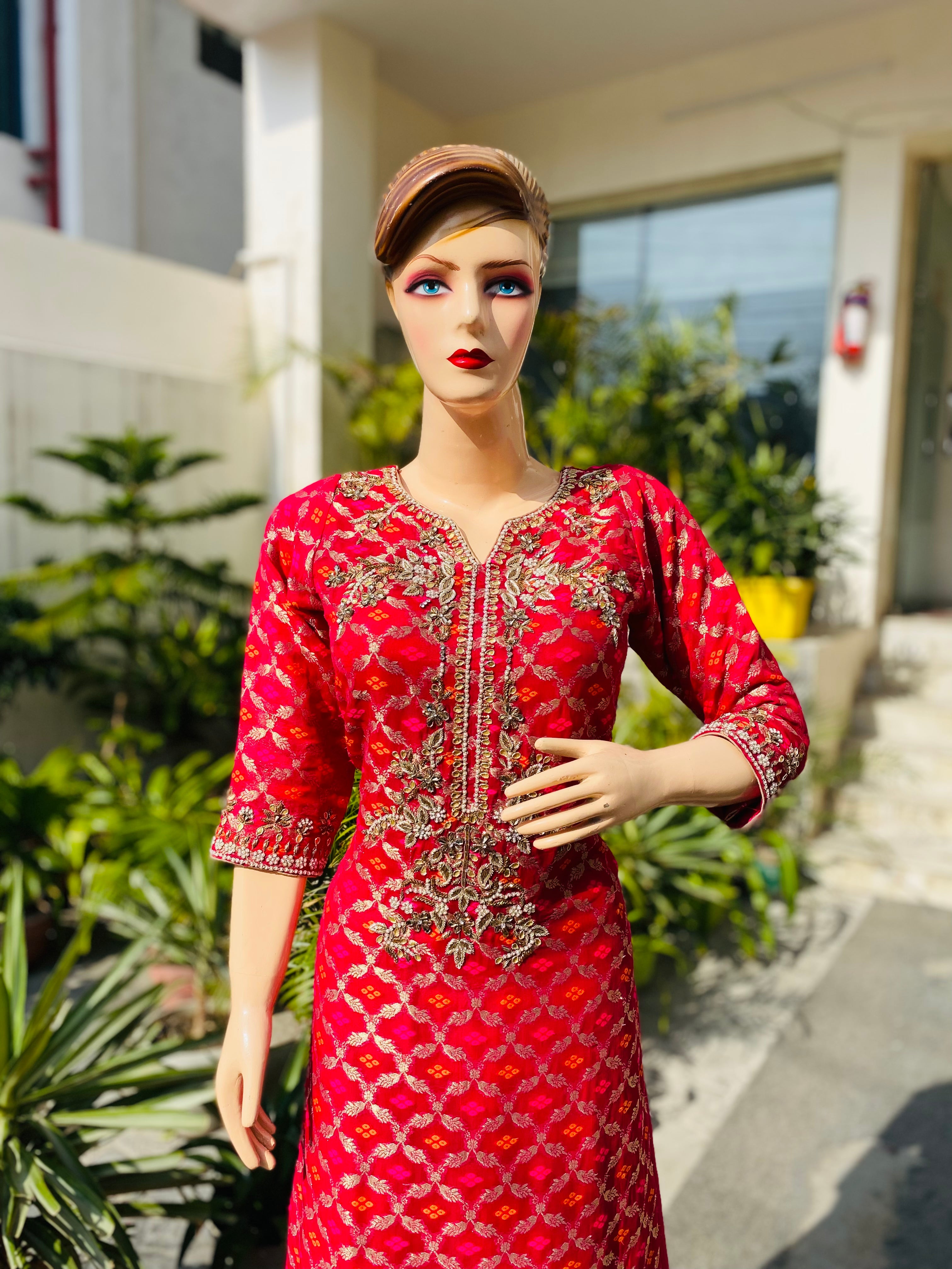 Red Embroidered Silk Suit