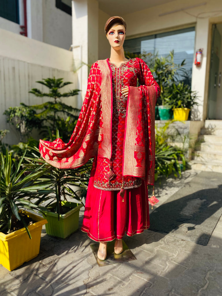 Red Embroidered Silk Suit