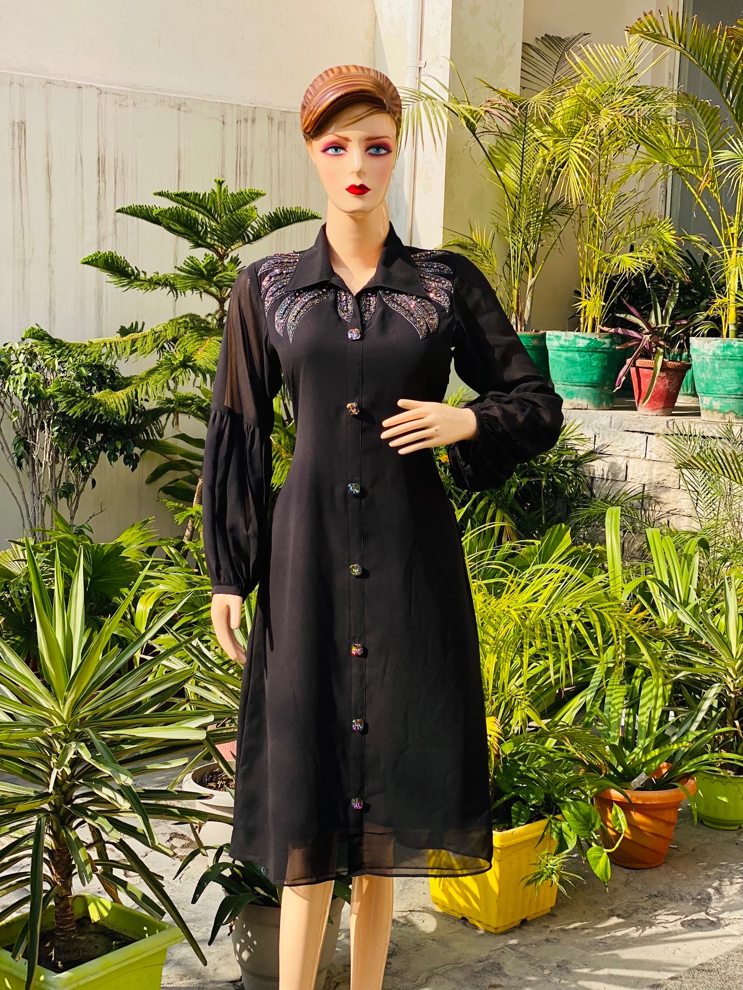Black Embroidered Shirt Midi Dress