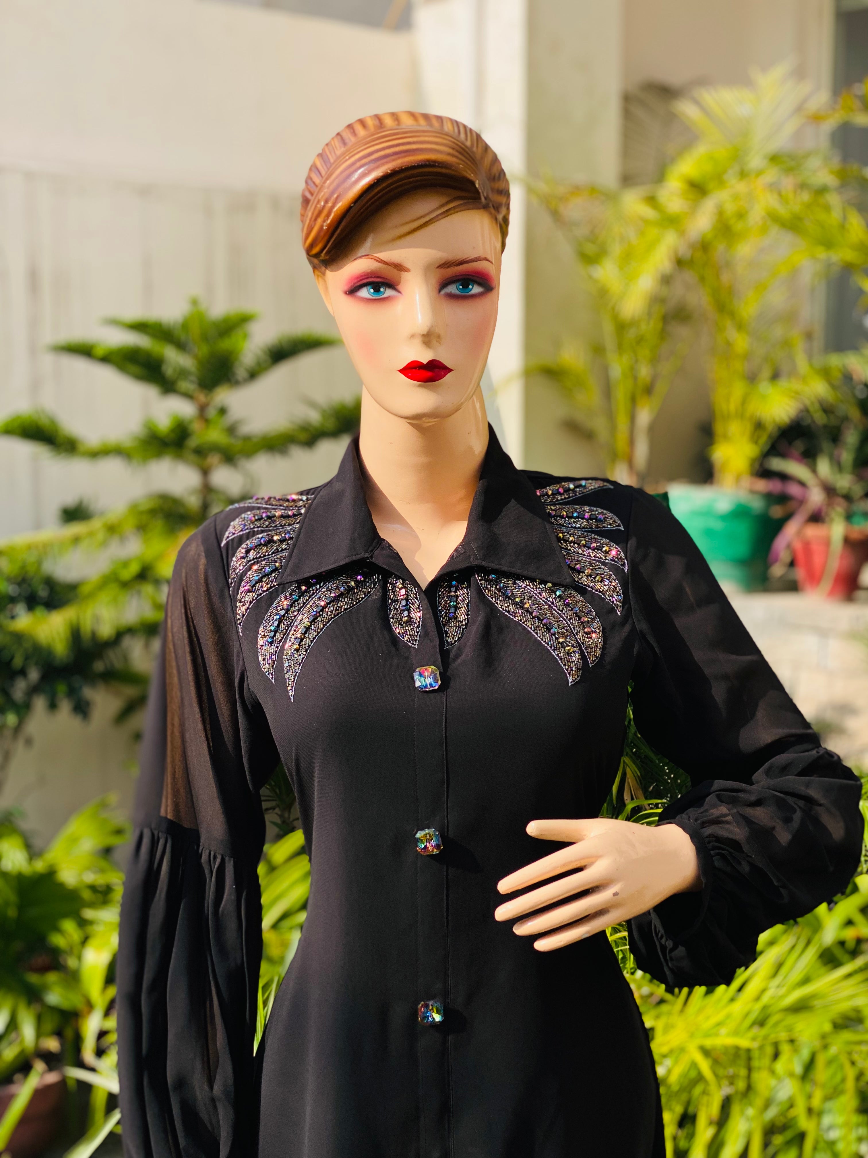 Black Embroidered Shirt Midi Dress