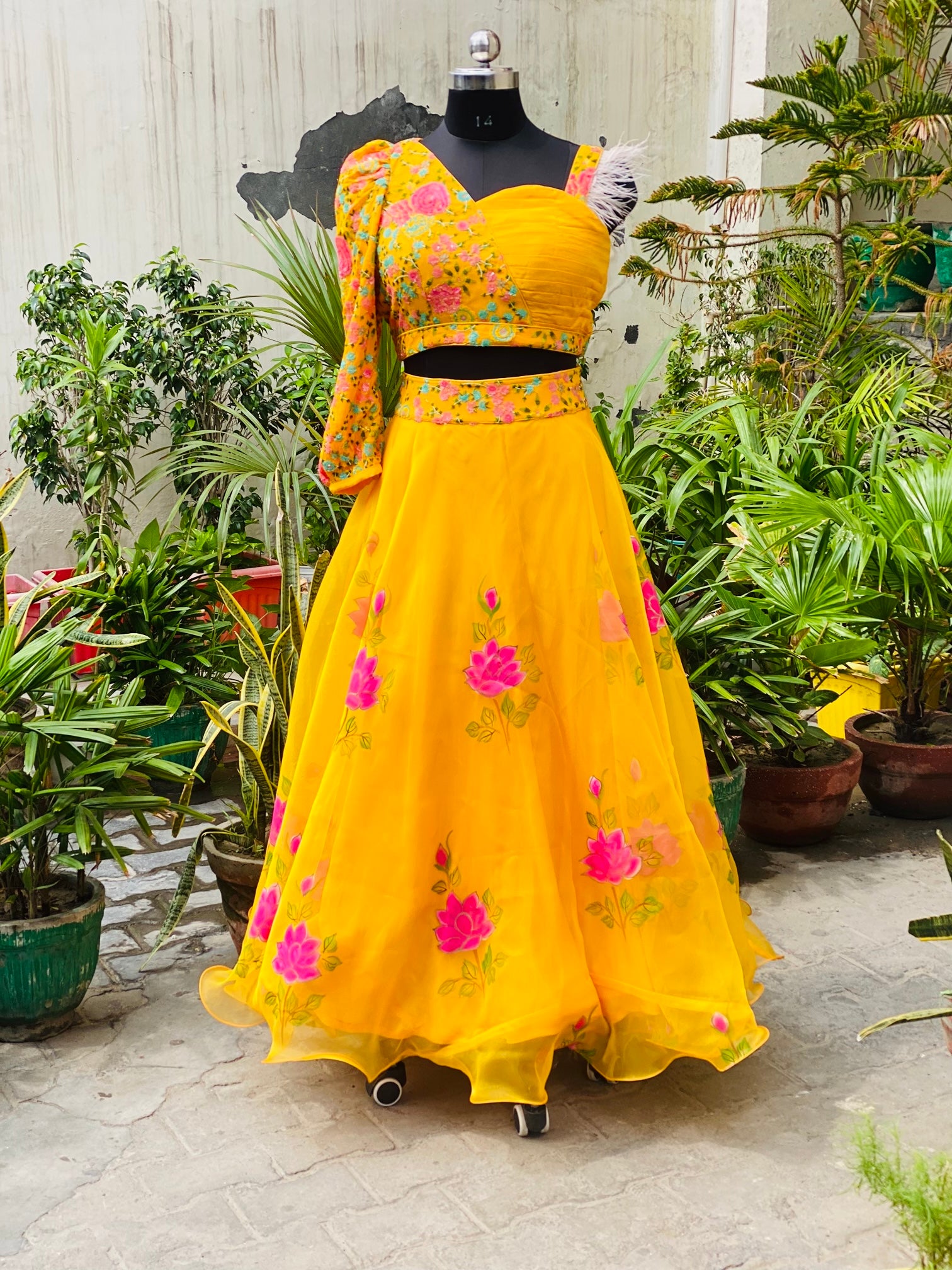 Yellow Hand Painted Organza Lehenga
