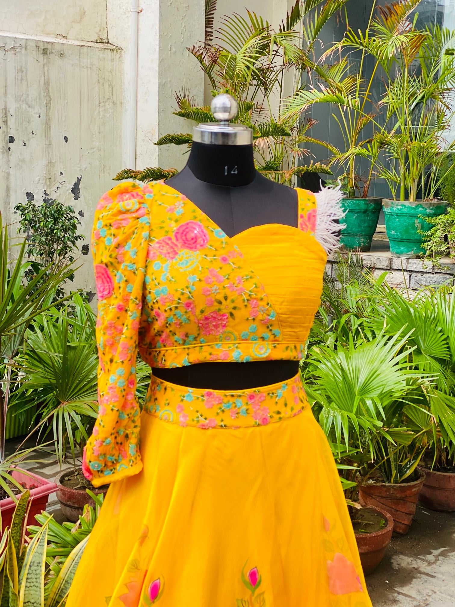 Yellow Hand Painted Organza Lehenga