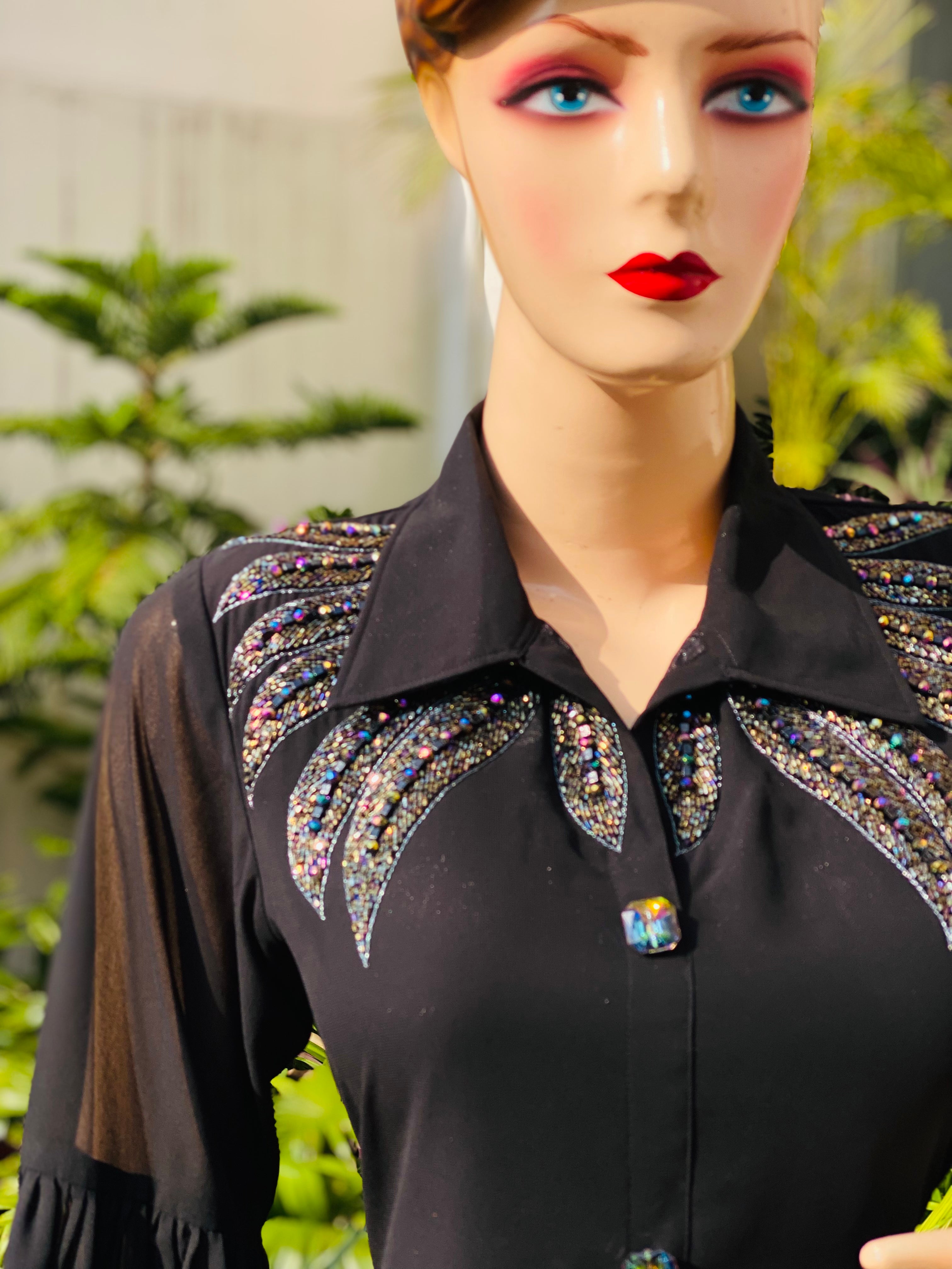 Black Embroidered Shirt Midi Dress