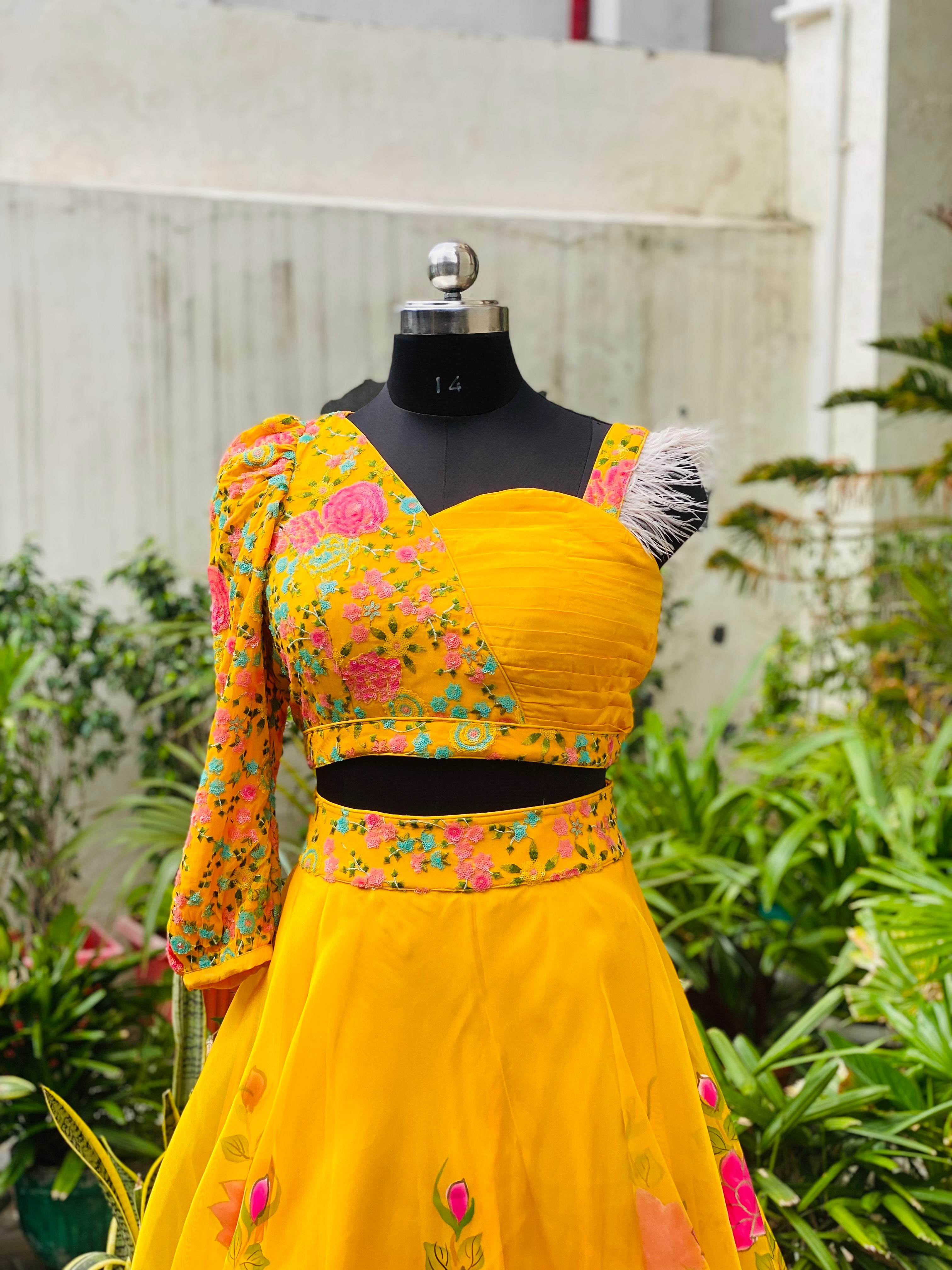 Yellow Hand Painted Organza Lehenga