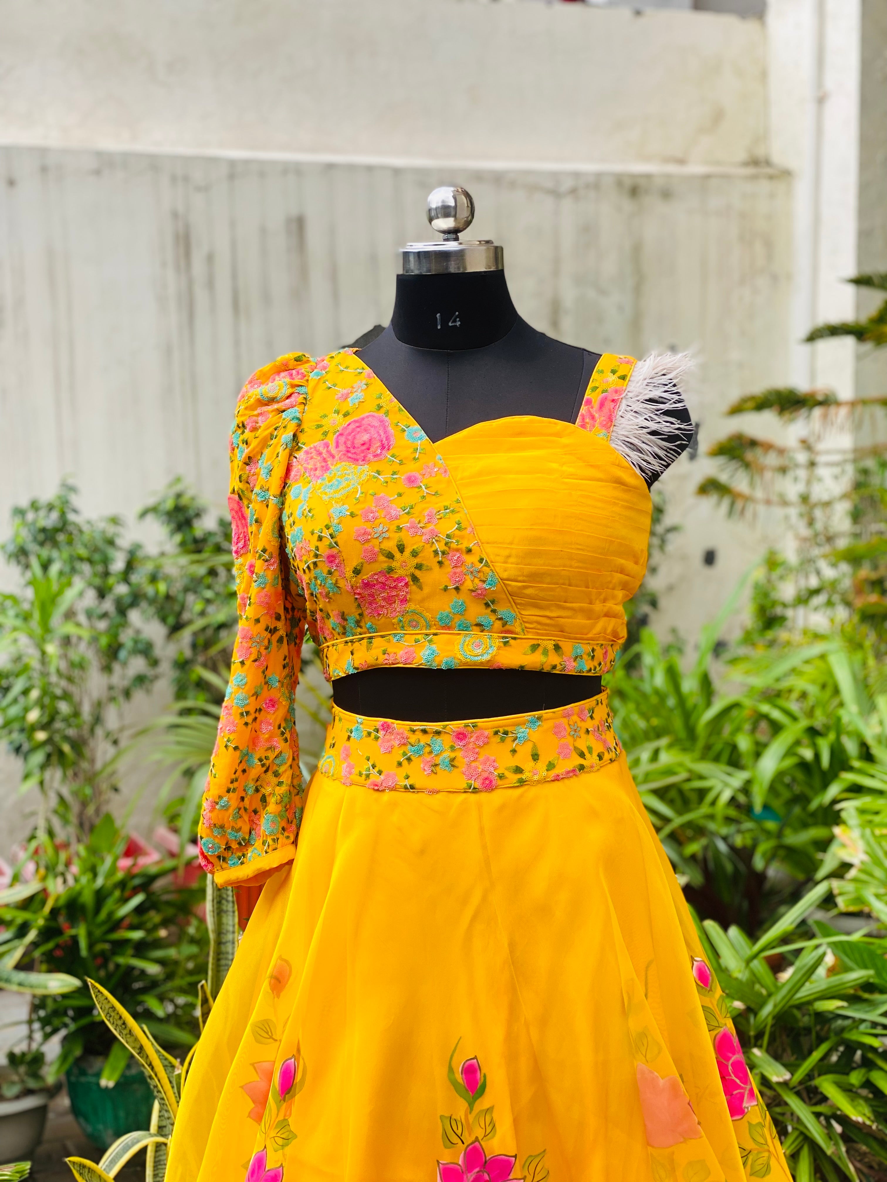 Yellow Hand Painted Organza Lehenga