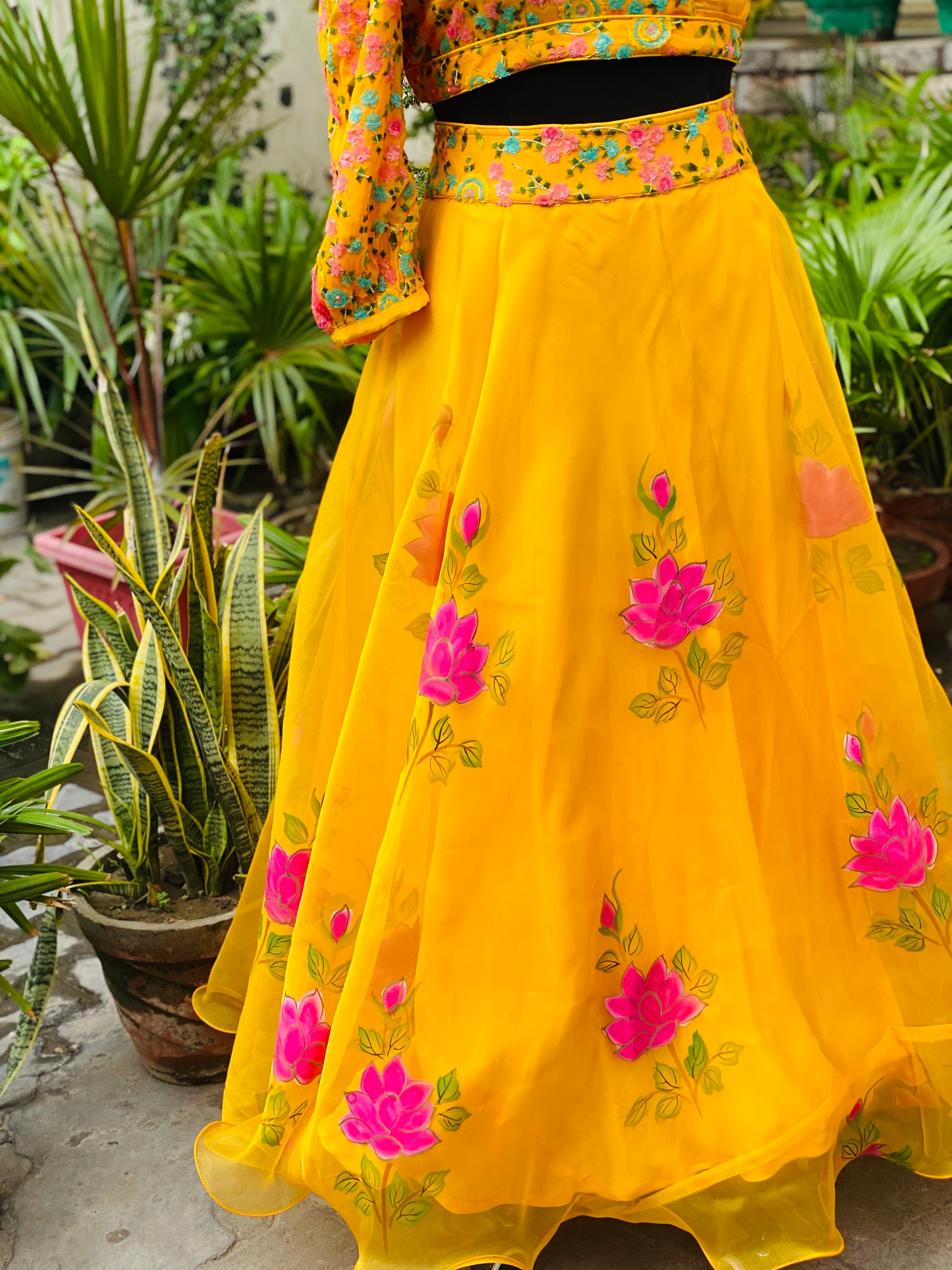 Yellow Hand Painted Organza Lehenga