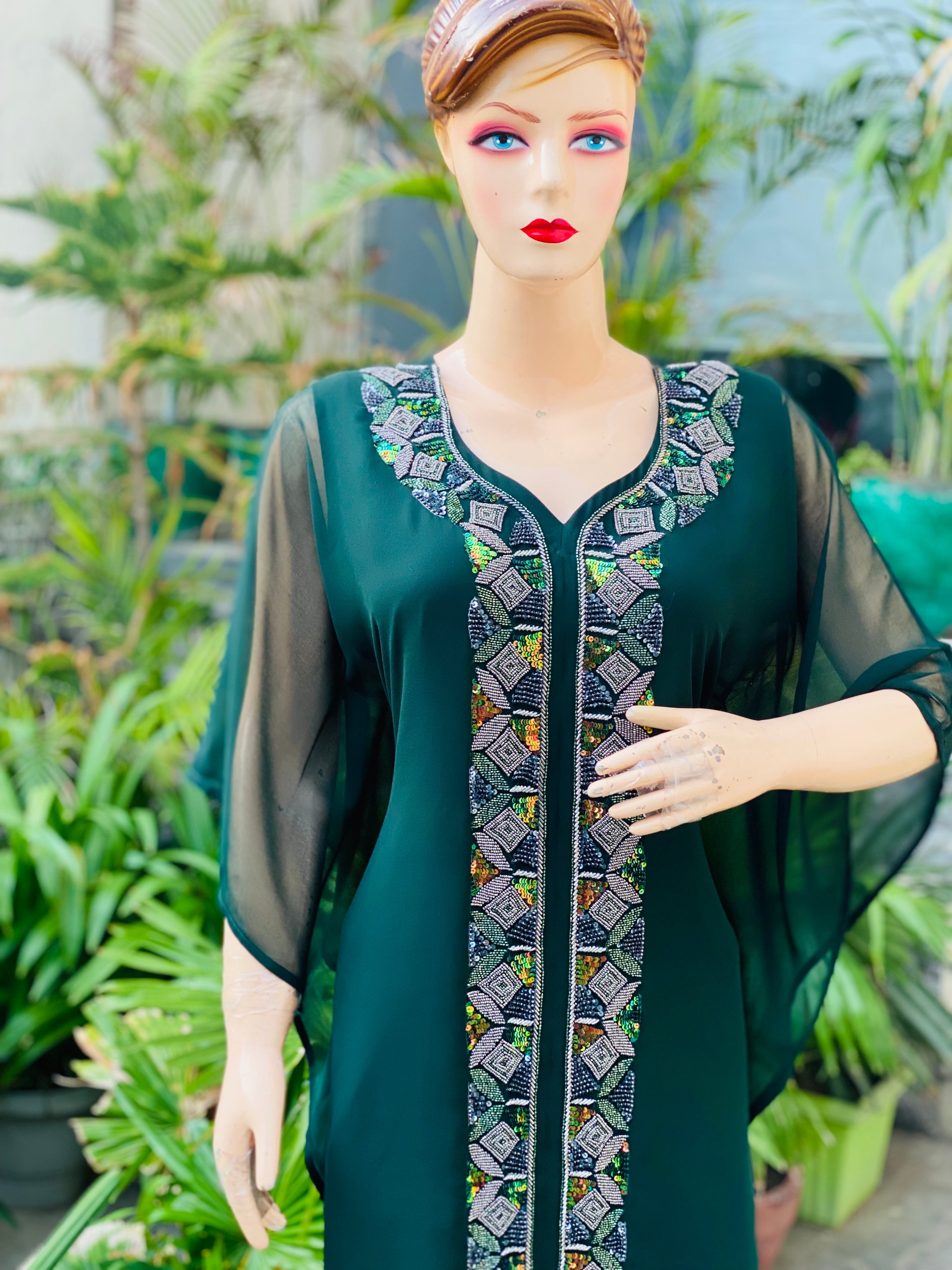 Bottle Green Embroidered Kaftaan