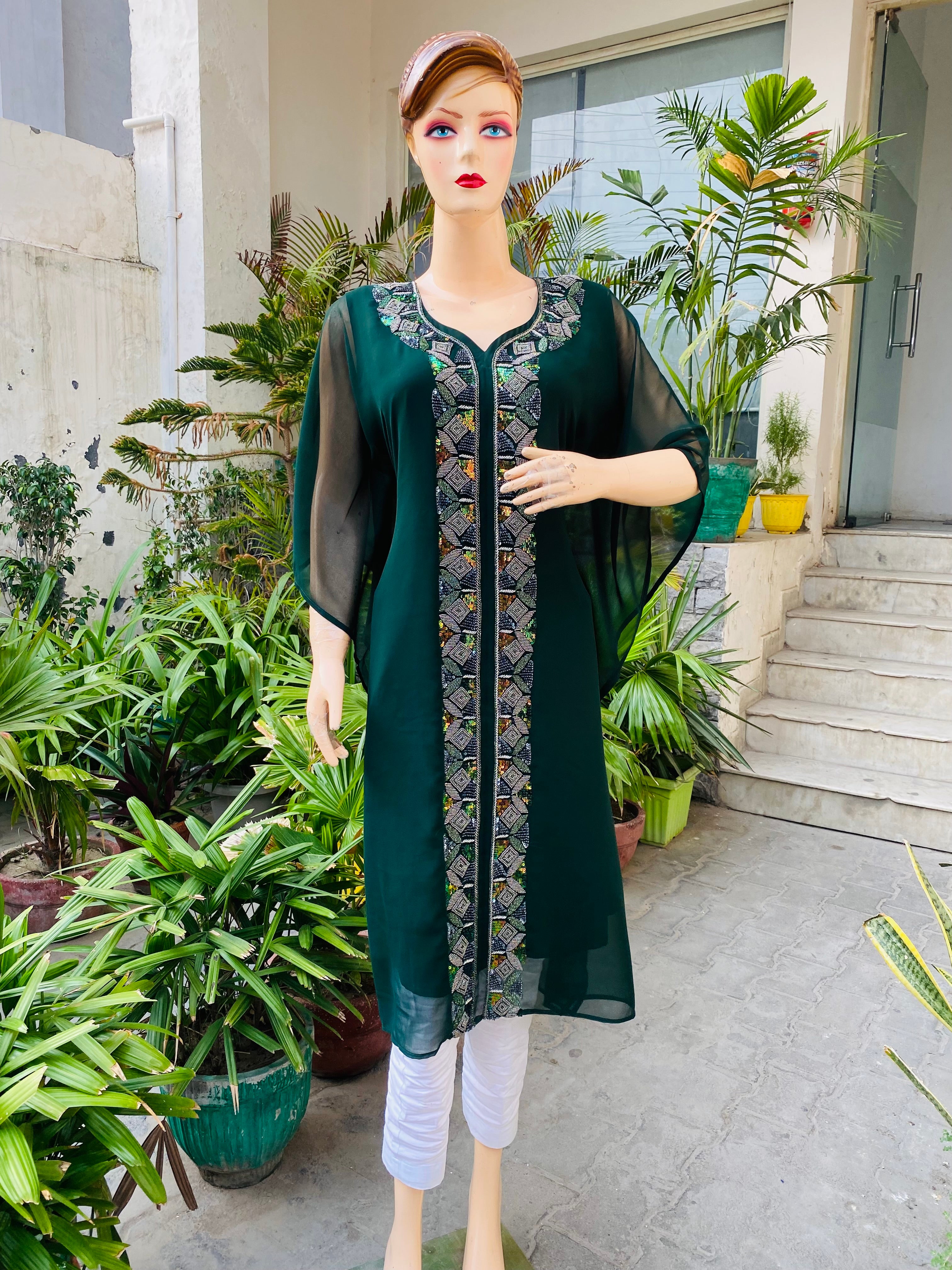 Bottle Green Embroidered Kaftaan