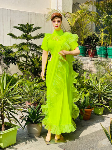 Neon Ruffle Solid Saree