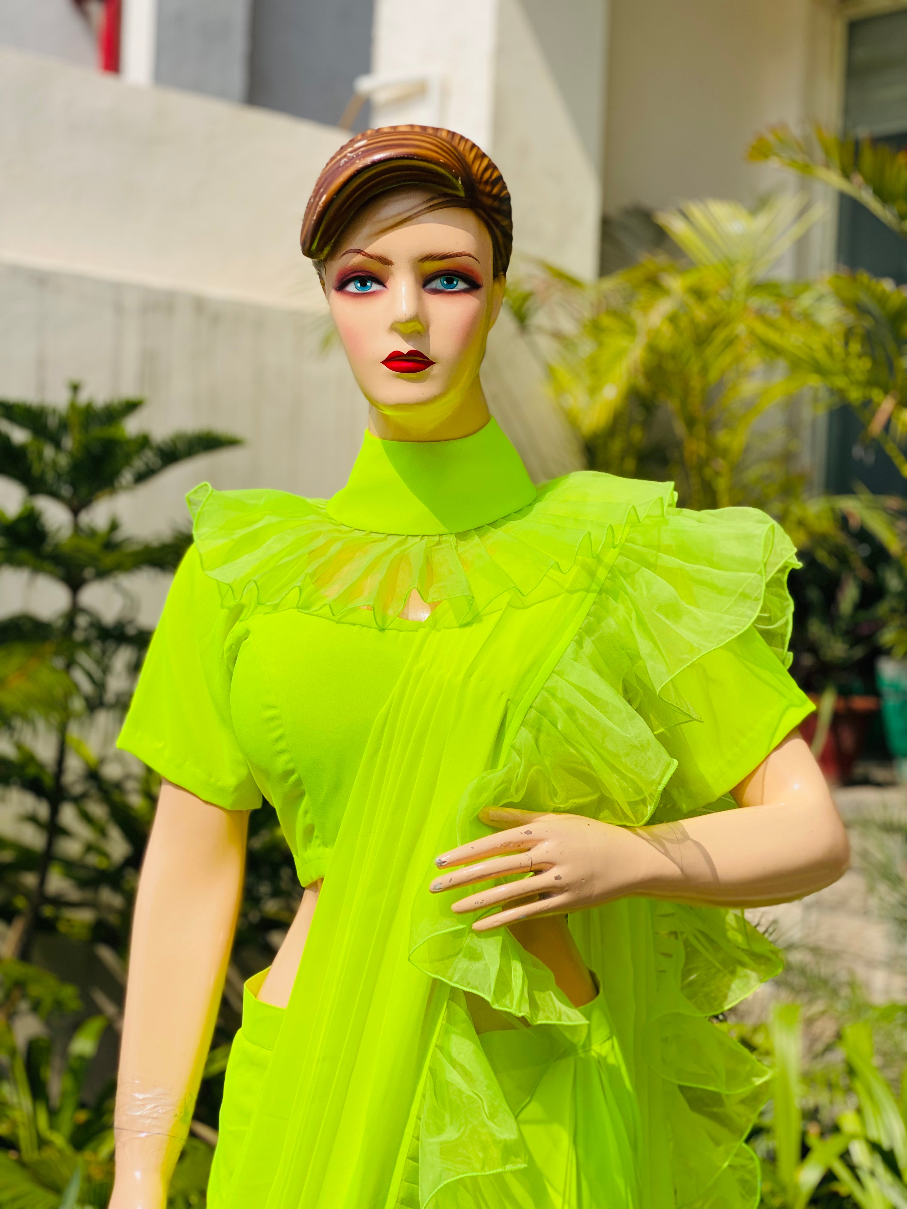 Neon Ruffle Solid Saree