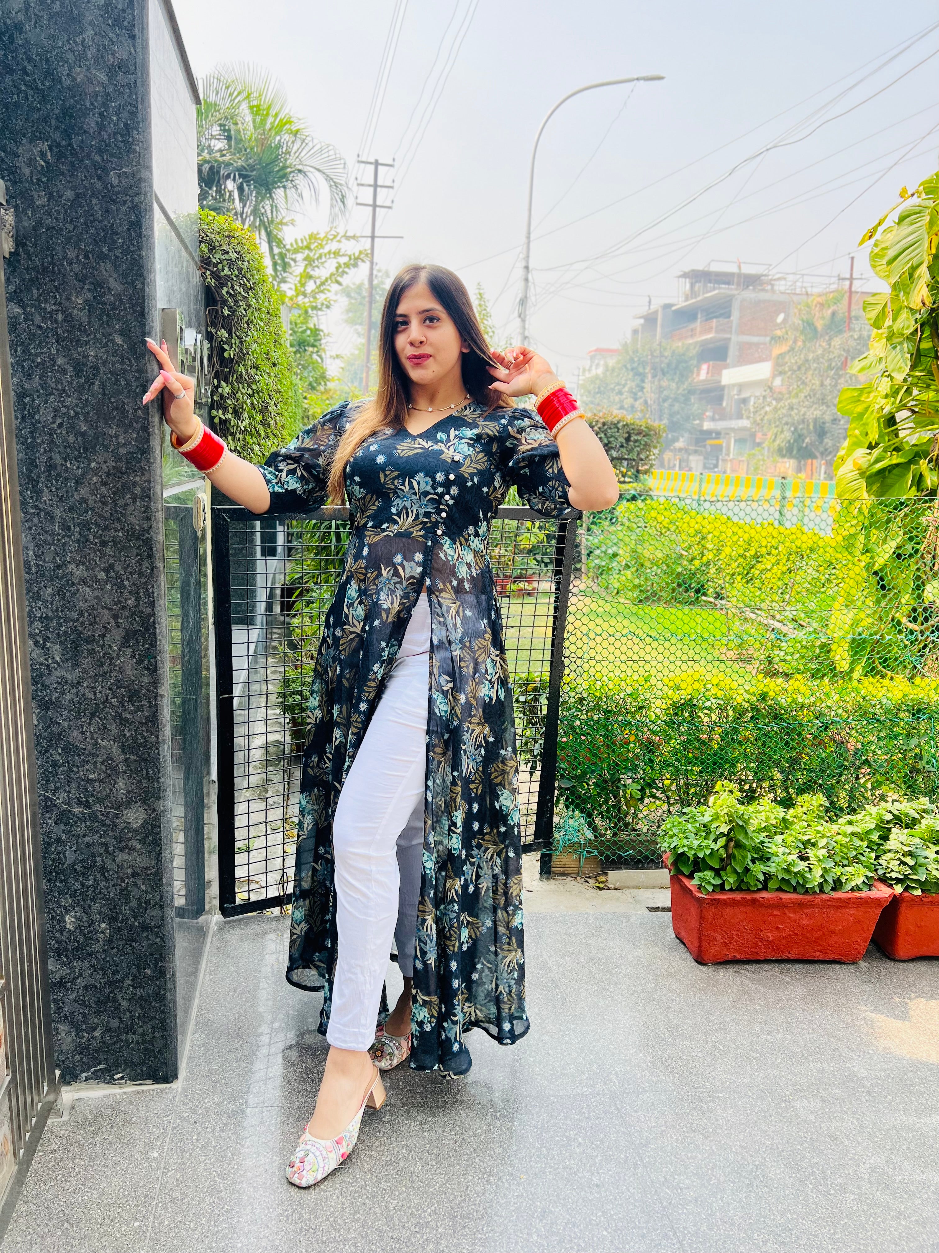 Floral Self Georgette Slit top