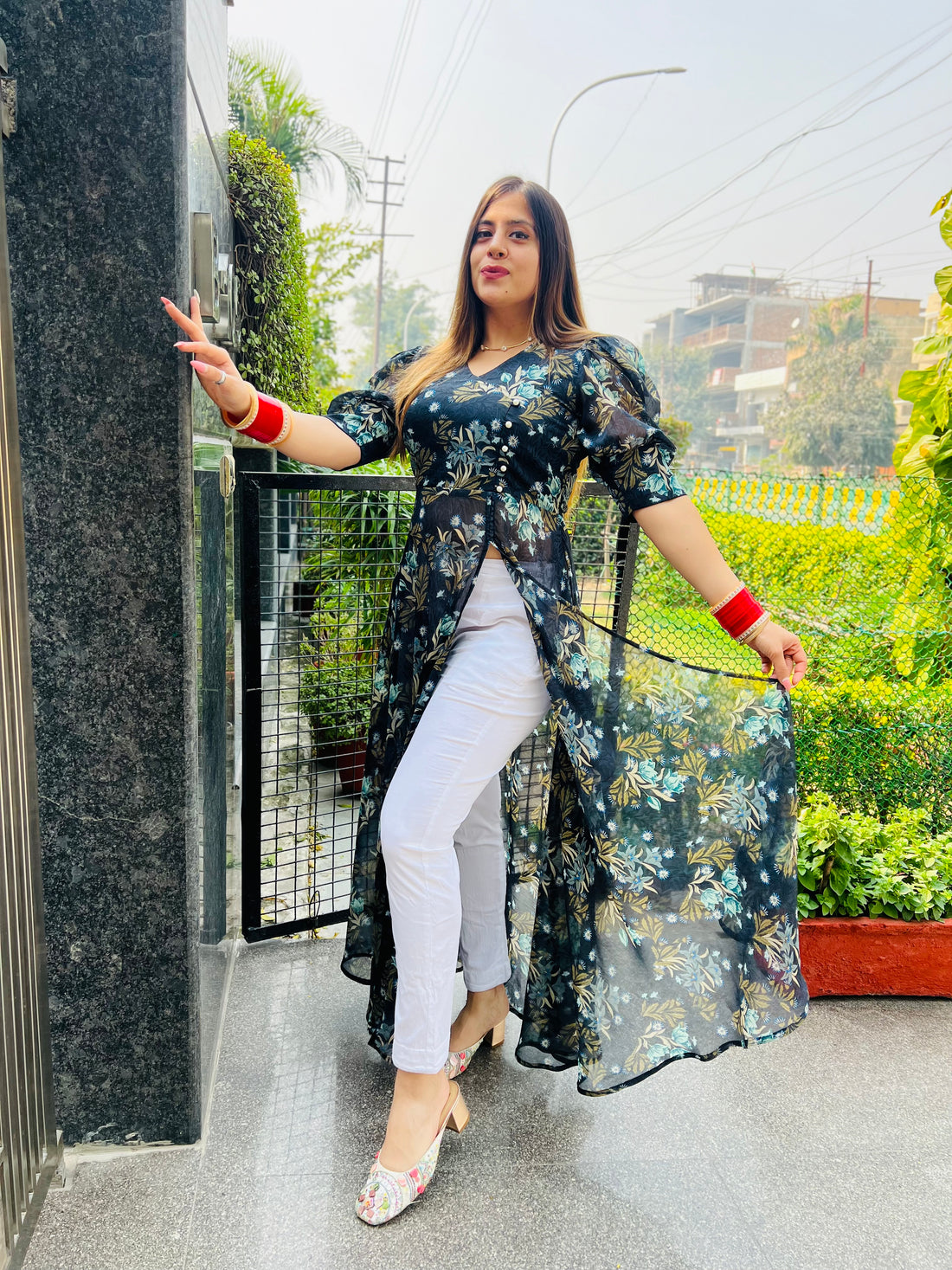 Floral Self Georgette Slit top