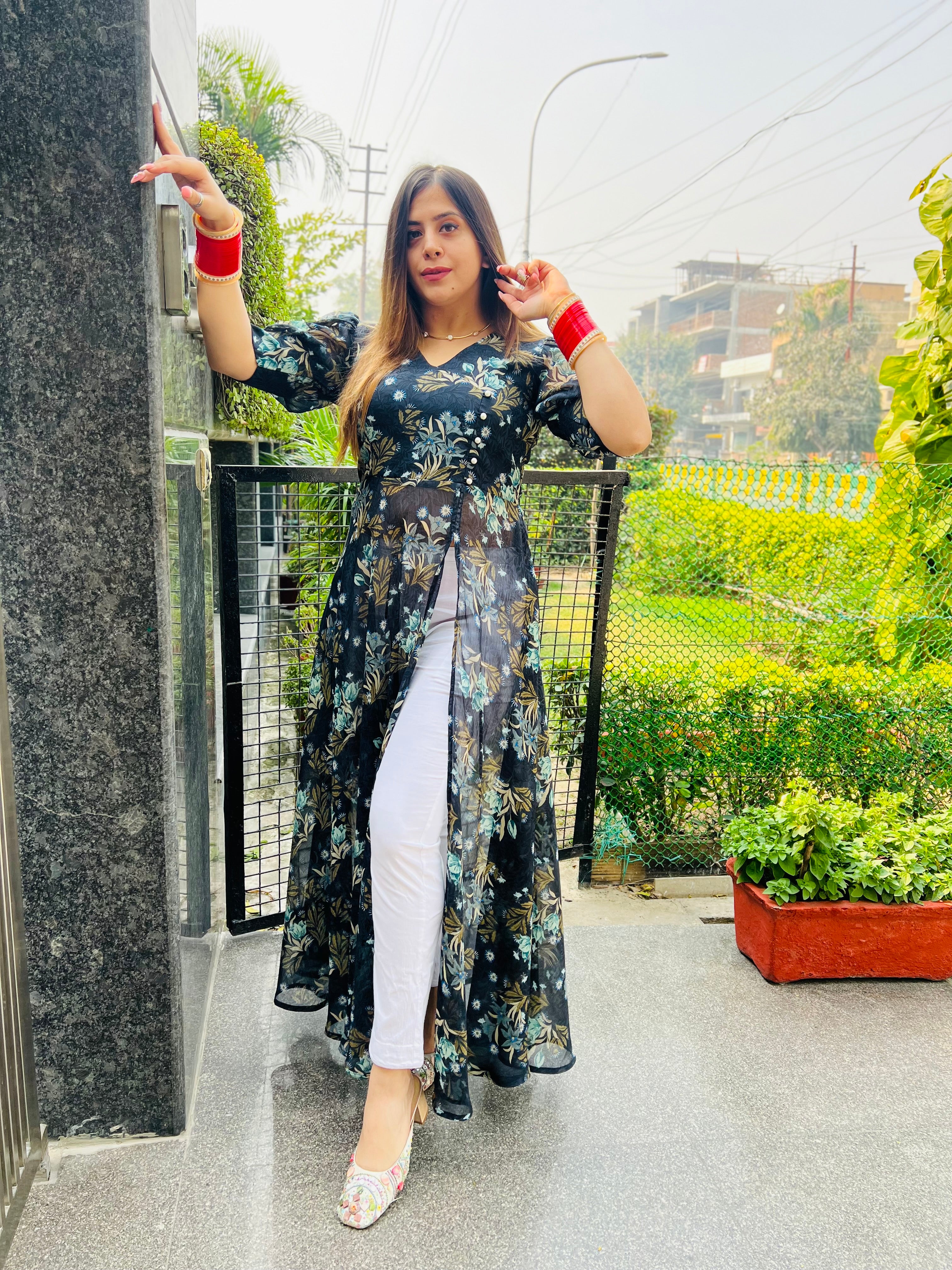 Floral Self Georgette Slit top