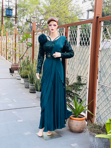Forest Green Crepe Sequin Saree
